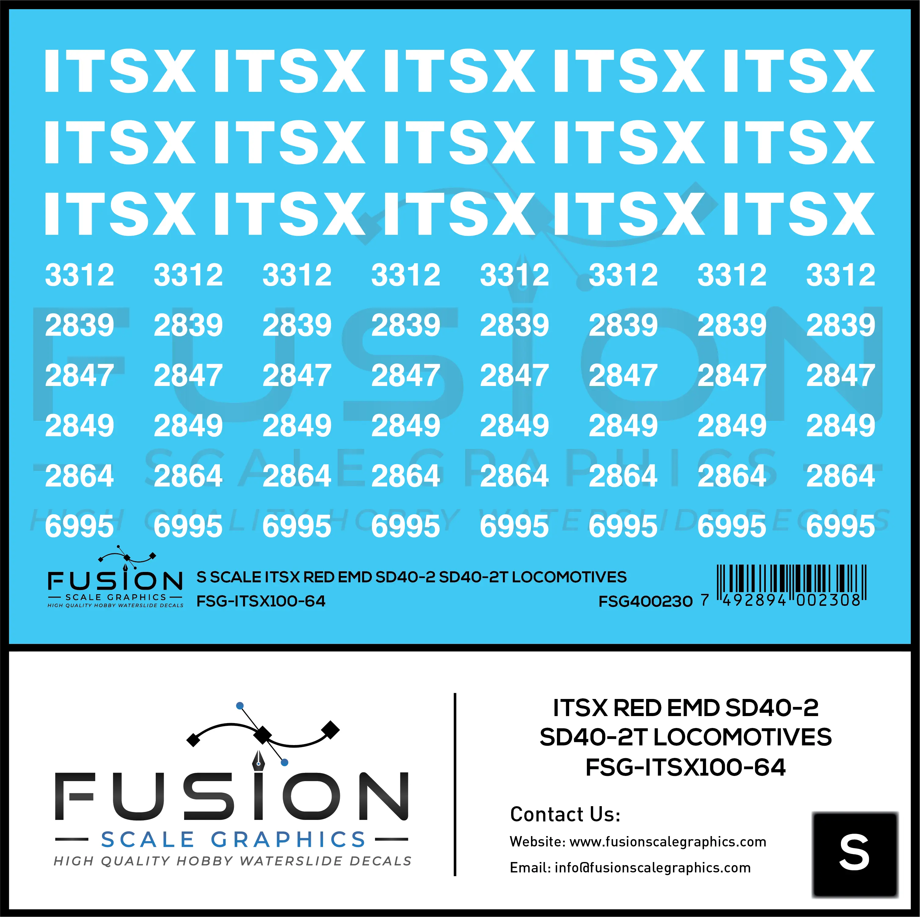 S Scale ITSX Red EMD SD40-2 / SD40-2T Locomotives Decal Set Fusion Scale Graphics