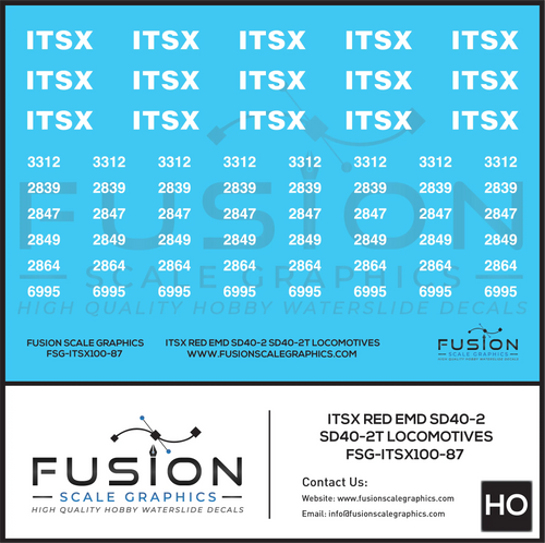 HO Scale ITSX Red EMD SD40-2 / SD40-2T Locomotives Decal Set Fusion Scale Graphics
