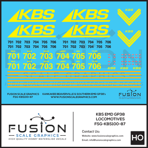 HO Scale Kankakee, Beaverville & Southern KBS EMD GP38 GP38-2 GP38-2M Locomotive Decal Set Fusion Scale Graphics