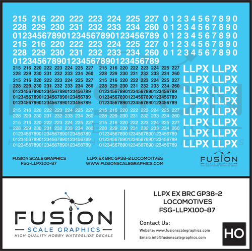 HO Scale LLPX ex BRC EMD GP38-2 Locomotives Decal Set Fusion Scale Graphics