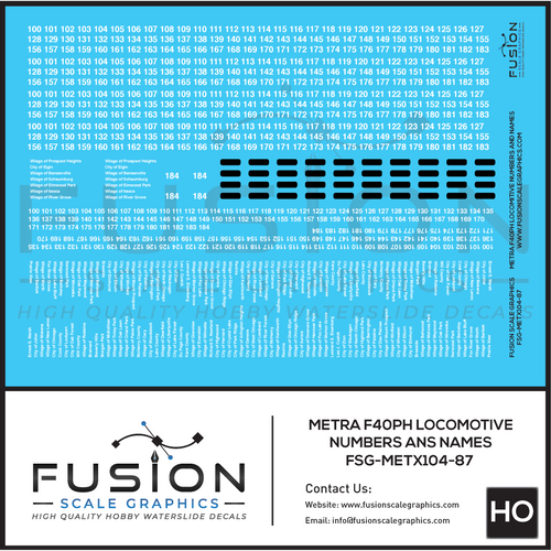 HO Scale Metra EMD F40PH Locomotive Numbers and Names Decal Set Fusion Scale Graphics