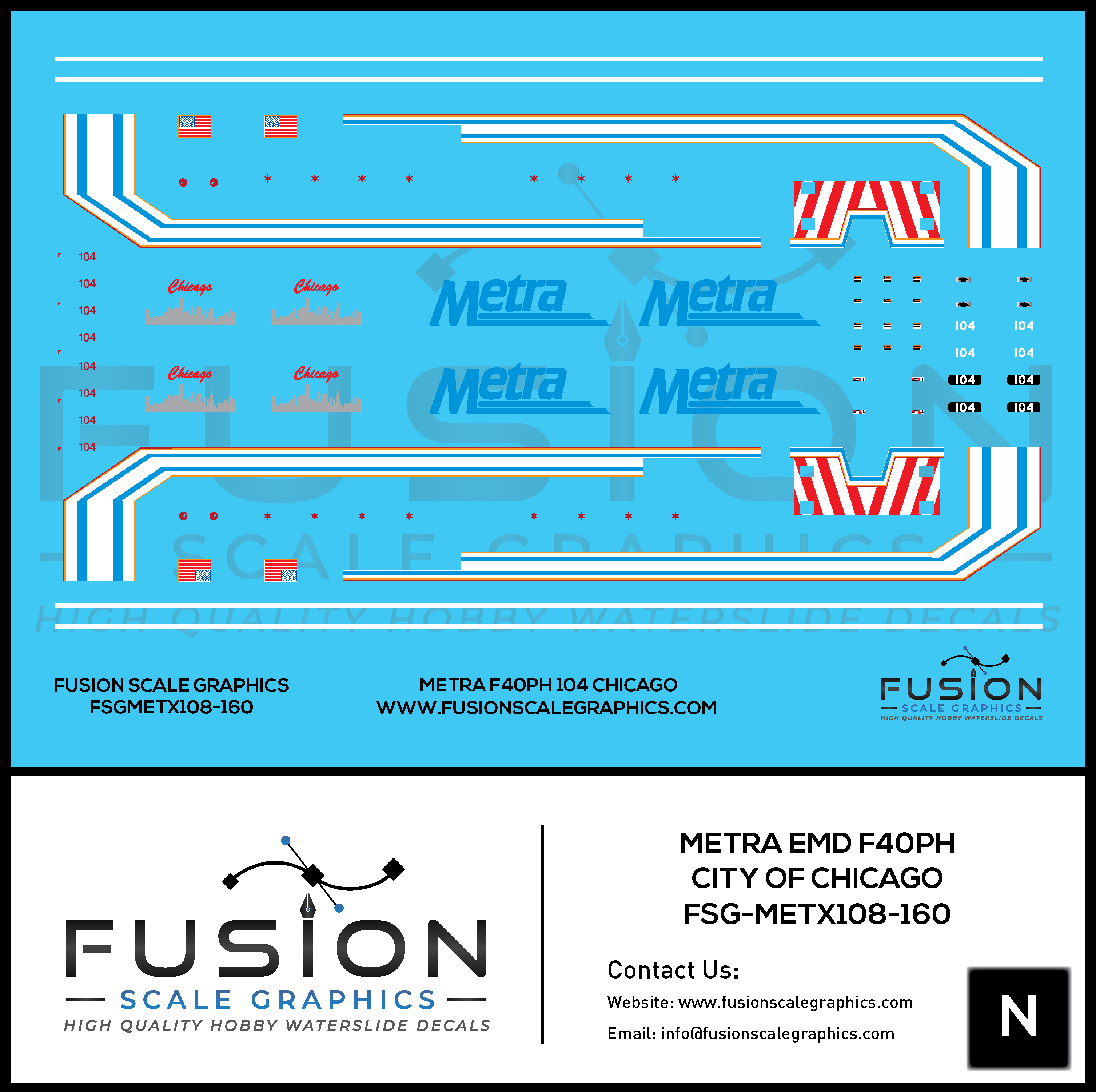 N Scale Metra 104 City of Chicago EMD F40PH Locomotive Decal Set Fusion Scale Graphics