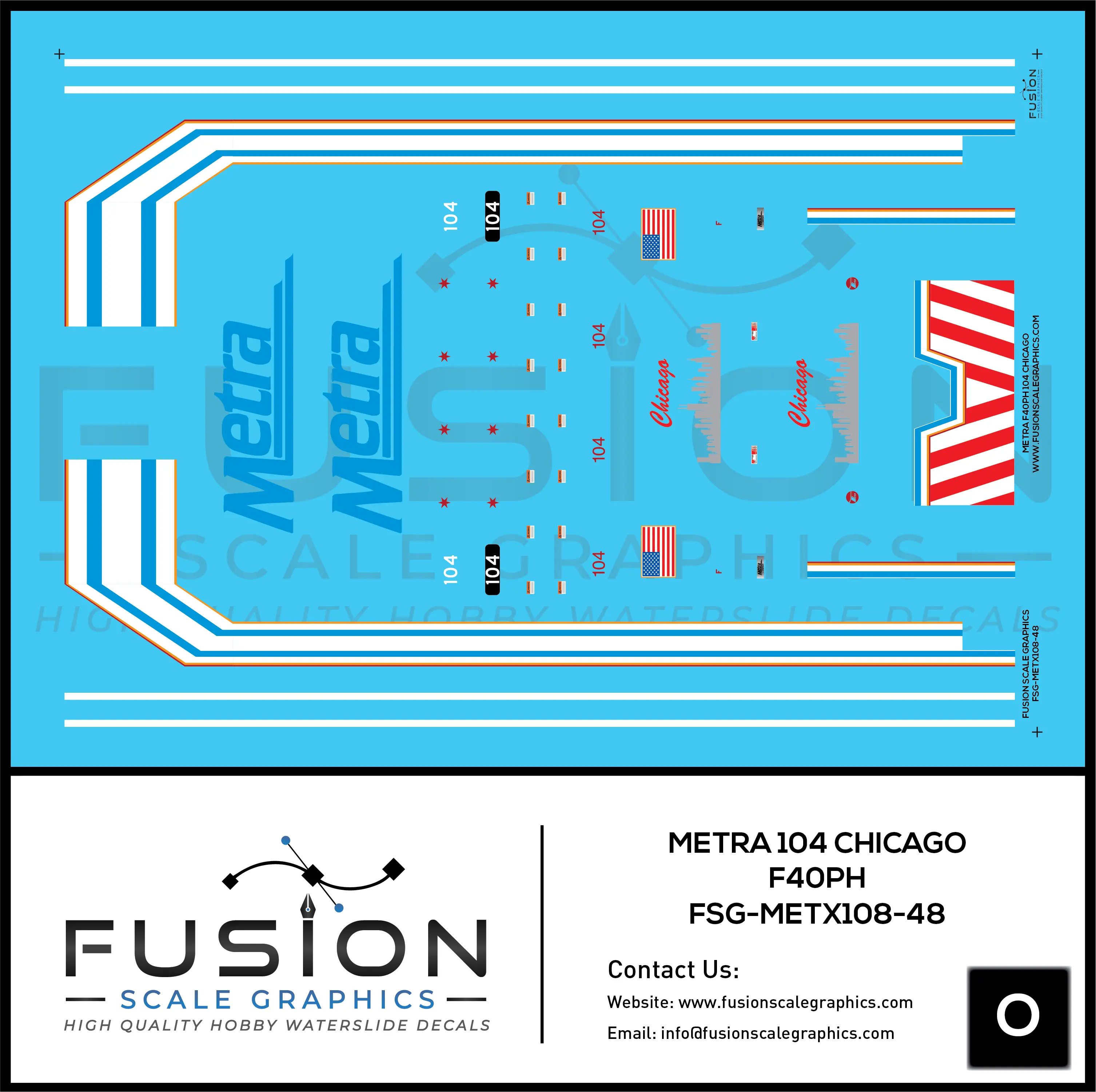 O Scale Metra 104 City of Chicago EMD F40PH Locomotive Decal Set Fusion Scale Graphics