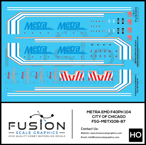 HO Scale Metra 104 City of Chicago EMD F40PH Locomotive Decal Set Fusion Scale Graphics