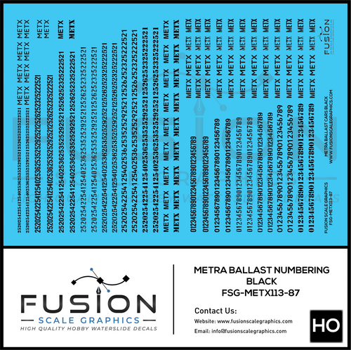 HO Scale Metra Ballast Car Black Numbering Decal Set Fusion Scale Graphics