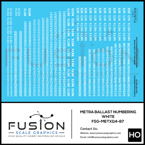 HO Scale Metra Ballast Car White Numbering Decal Set Fusion Scale Graphics