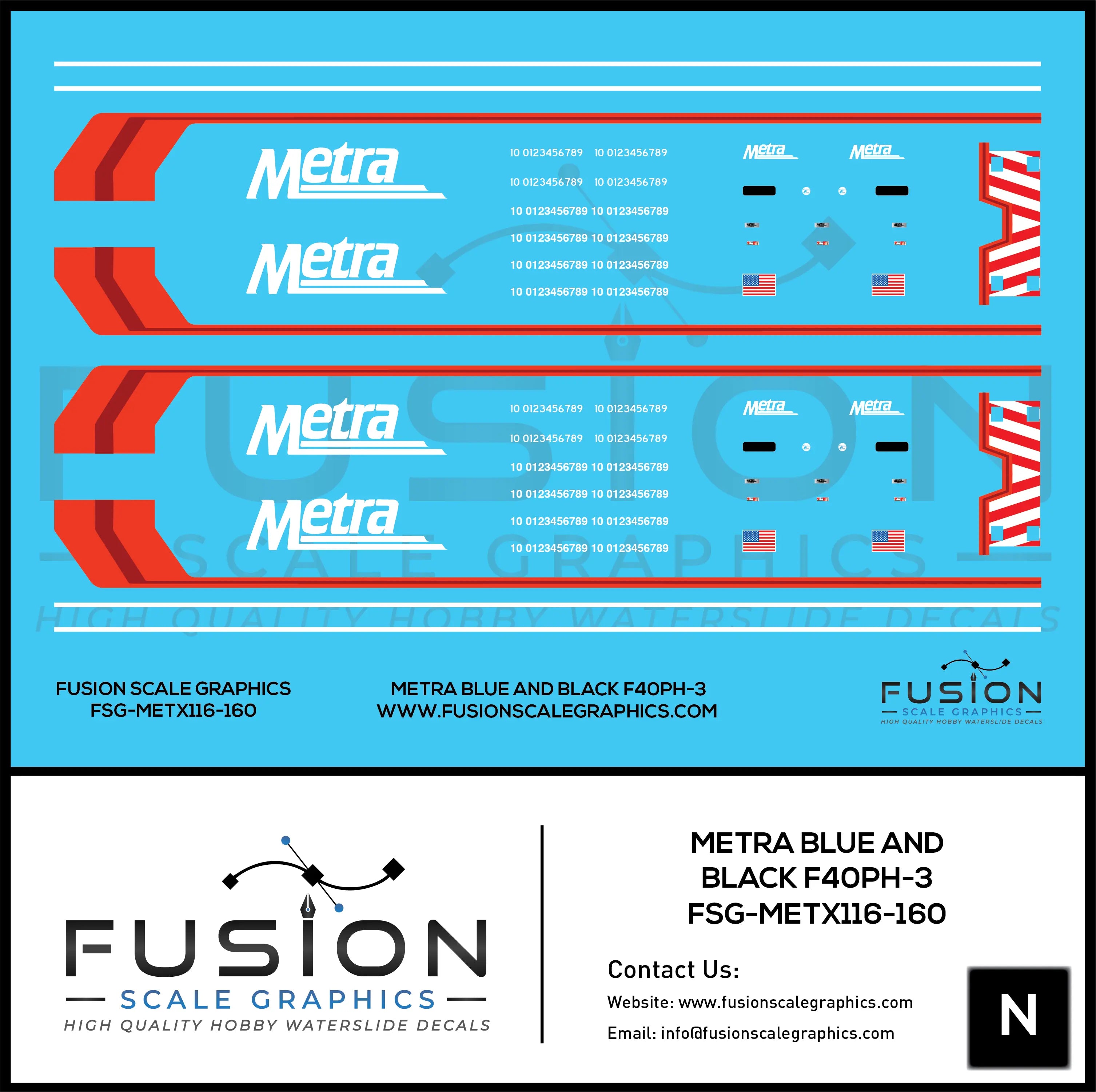 N Scale Metra F40PH-3 Blue & Black Locomotive Decal Set Fusion Scale Graphics