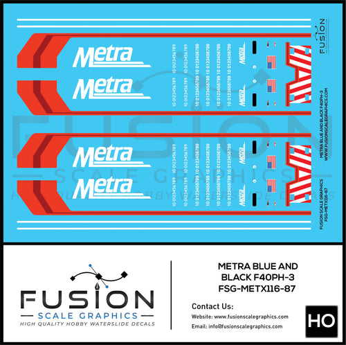 HO Scale Metra F40PH-3 Blue & Black Locomotive Decal Set Fusion Scale Graphics