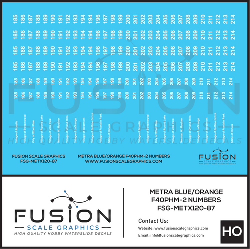 HO Scale Metra EMD F40PHM-2 Blue and Orange Locomotive Numbers Decal Set Fusion Scale Graphics