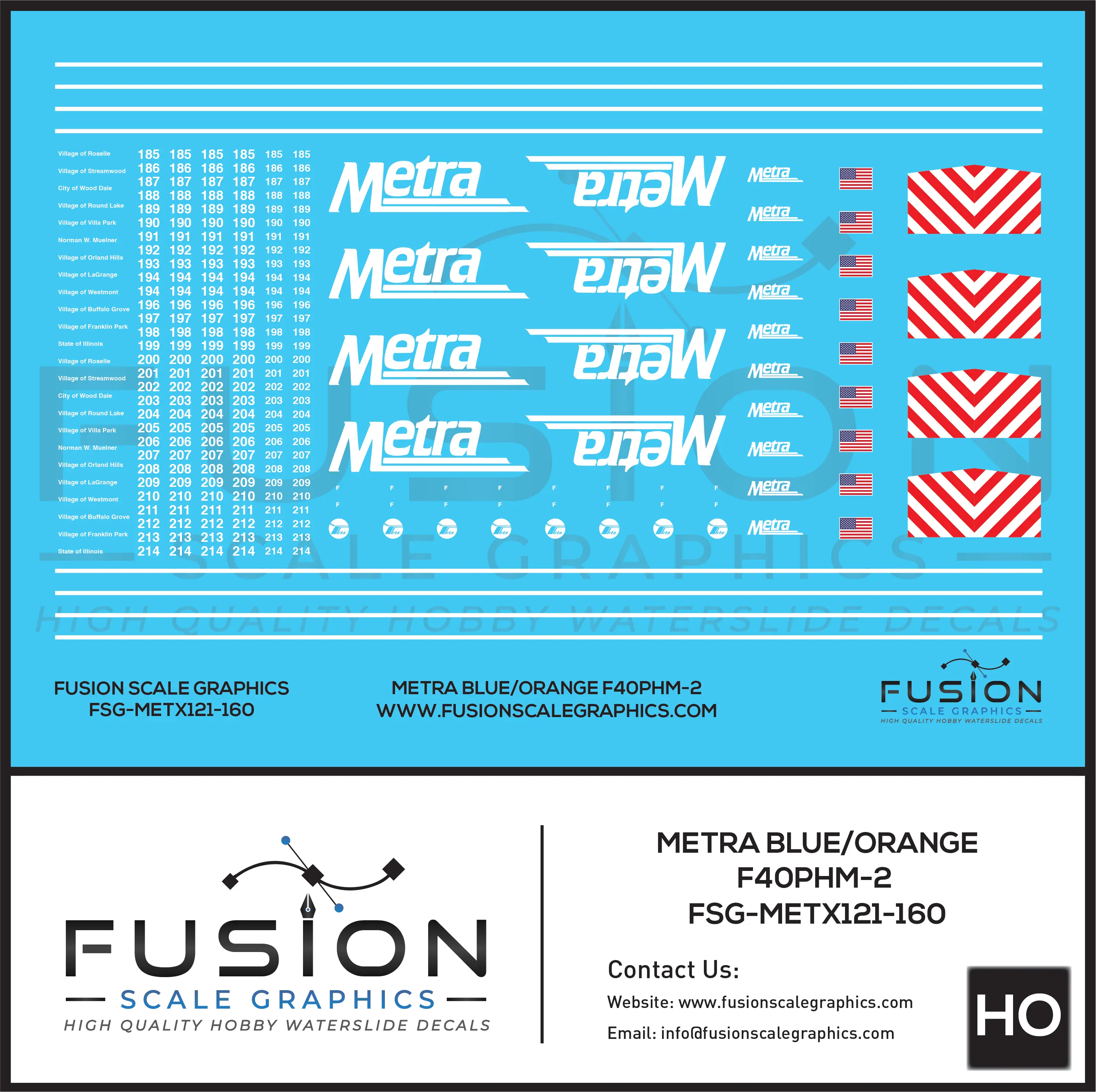 N Scale Metra EMD F40PHM-2 Blue Locomotives Decal Set Fusion Scale Graphics