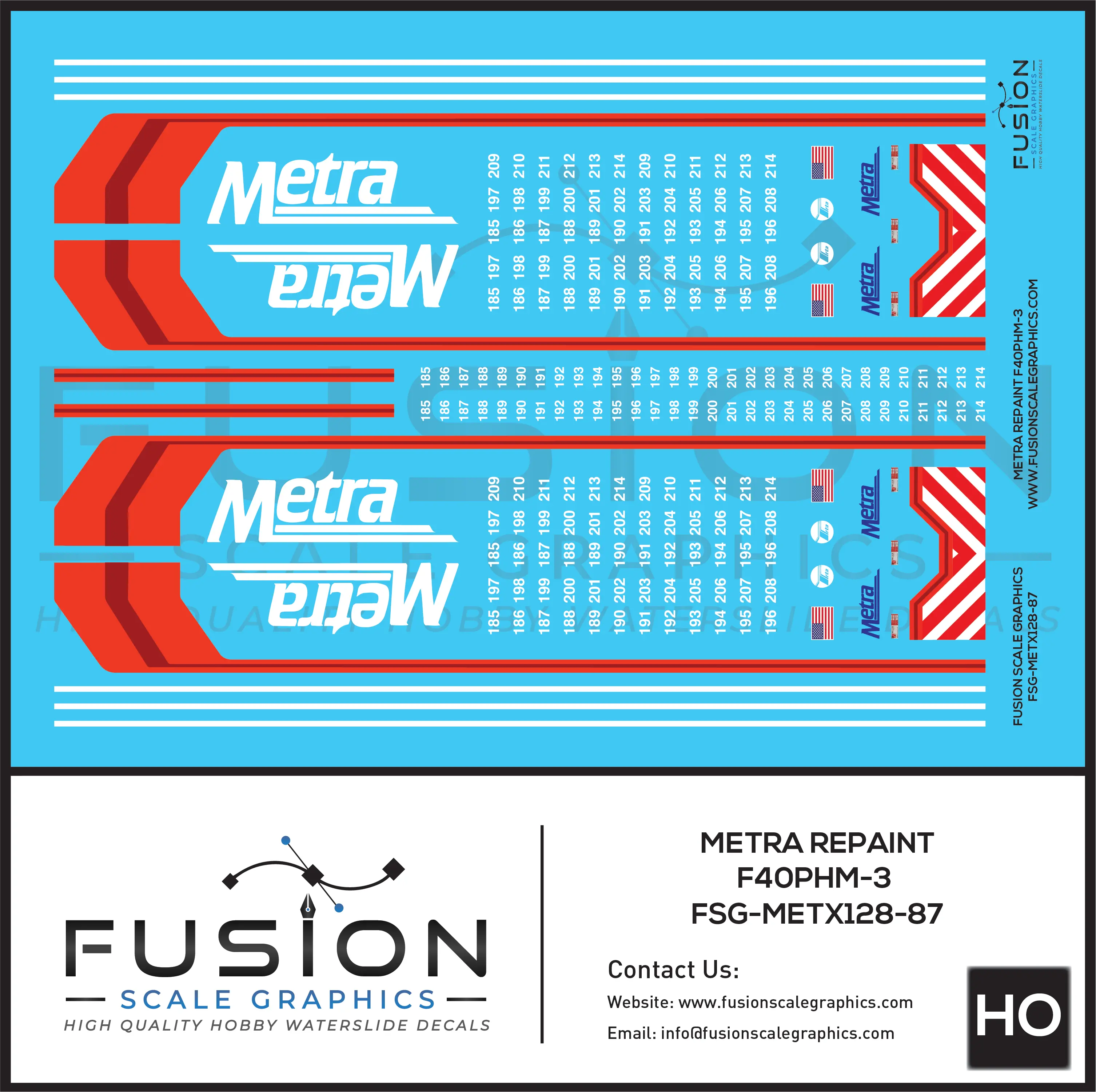 Metra HO Scale Repaint F40PHM-3 Locomotives Decal Set Fusion Scale Graphics