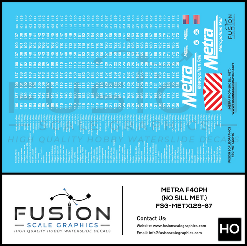 HO Scale Metra F40PH Metropolitan Rail Locomotive Decal Set Fusion Scale Graphics
