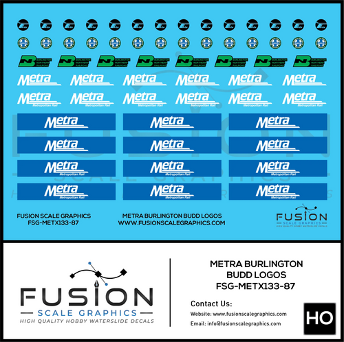 HO Scale Metra Burlington Budd Logos Decal Set Fusion Scale Graphics