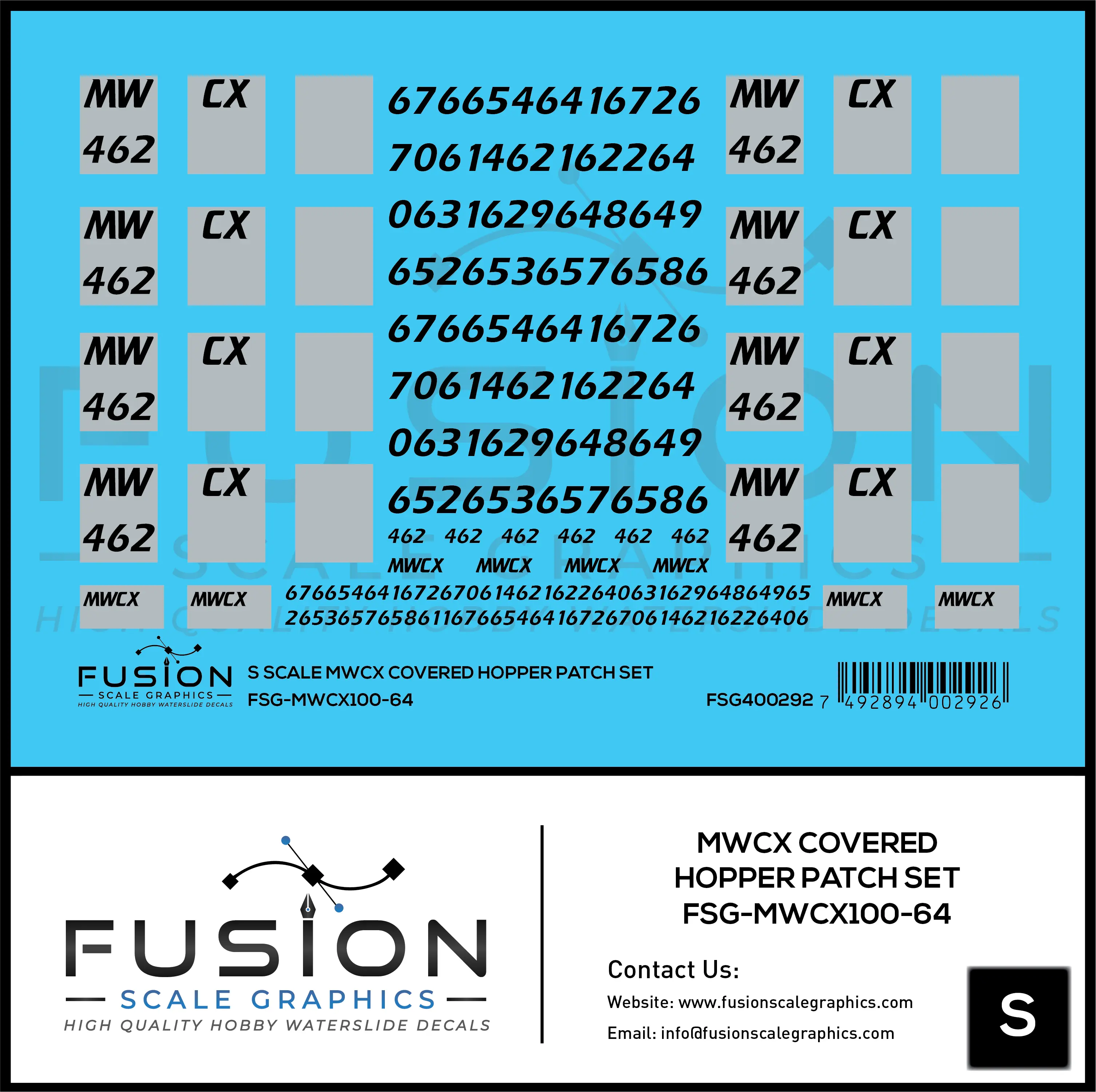 S Scale MWCX Covered Hopper Patching Decal Set Fusion Scale Graphics