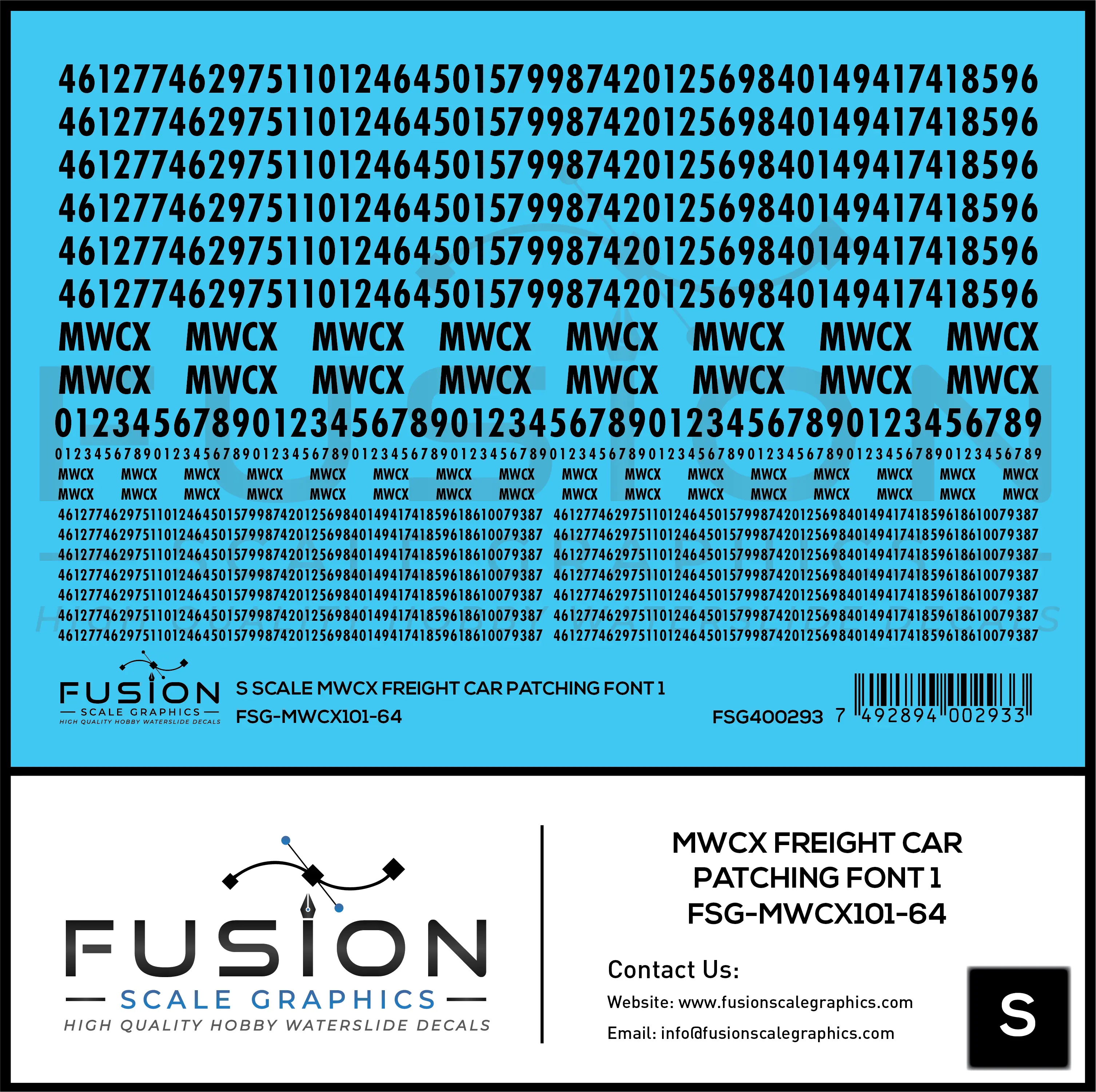 S Scale MWCX Freight Car Patching Font 1 Decal Set Fusion Scale Graphics