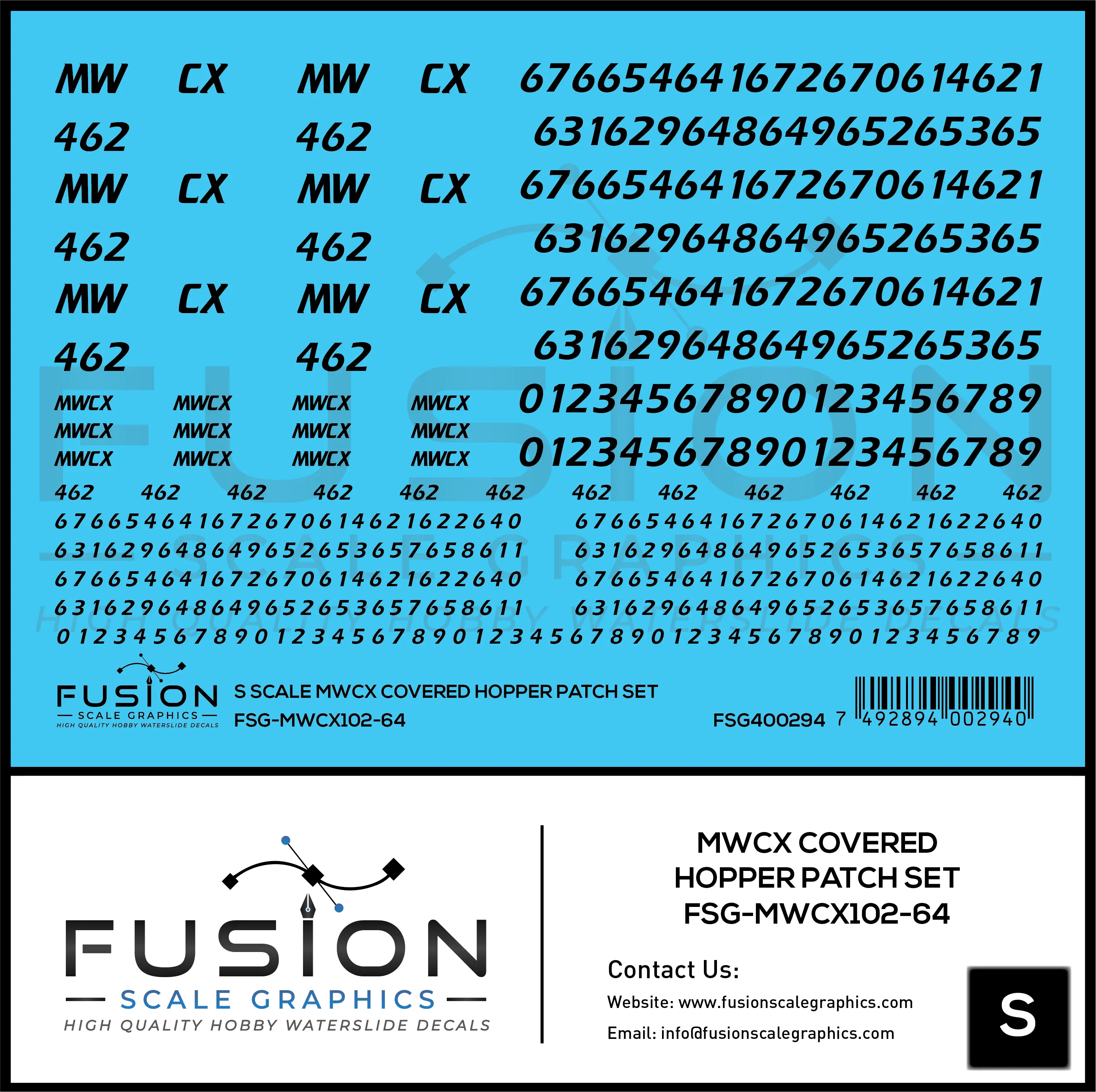 S Scale MWCX Covered Hopper Patch Set Decal Set Fusion Scale Graphics