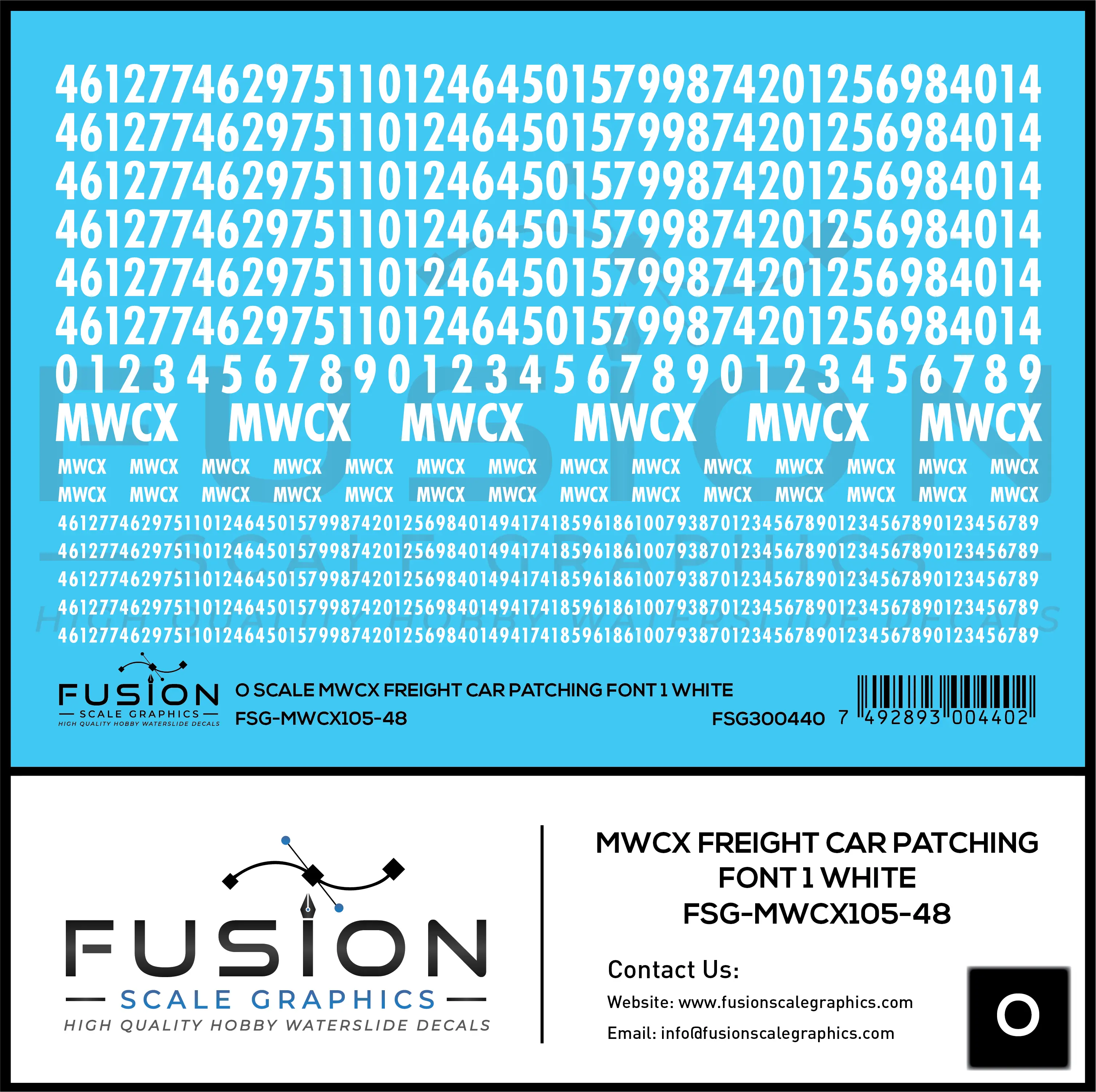 O Scale MWCX Freight Car Patching Decal Set Font 1 White Fusion Scale Graphics
