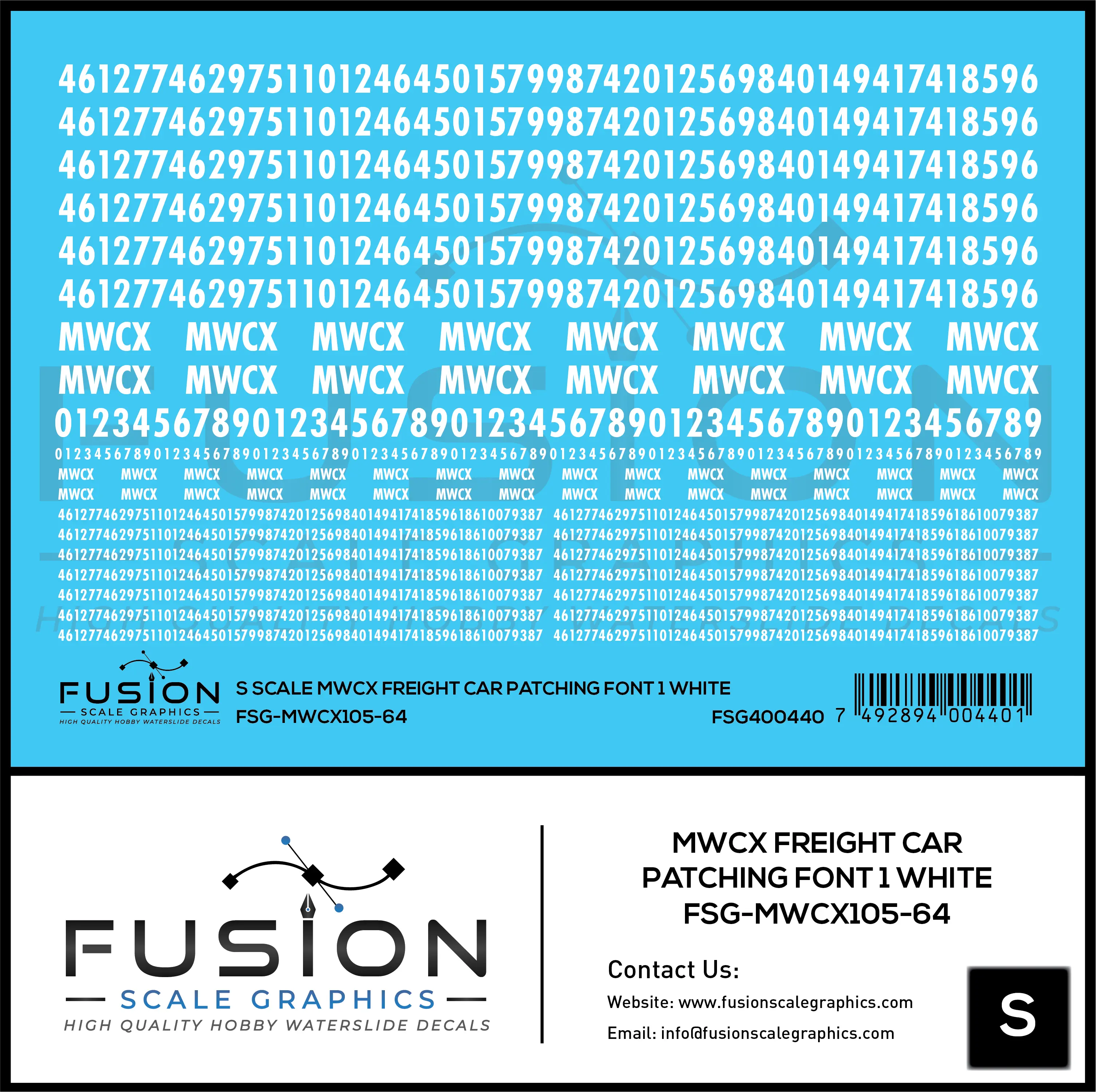 S Scale MWCX Freight Car Patching Decal Set Font 1 White Fusion Scale Graphics