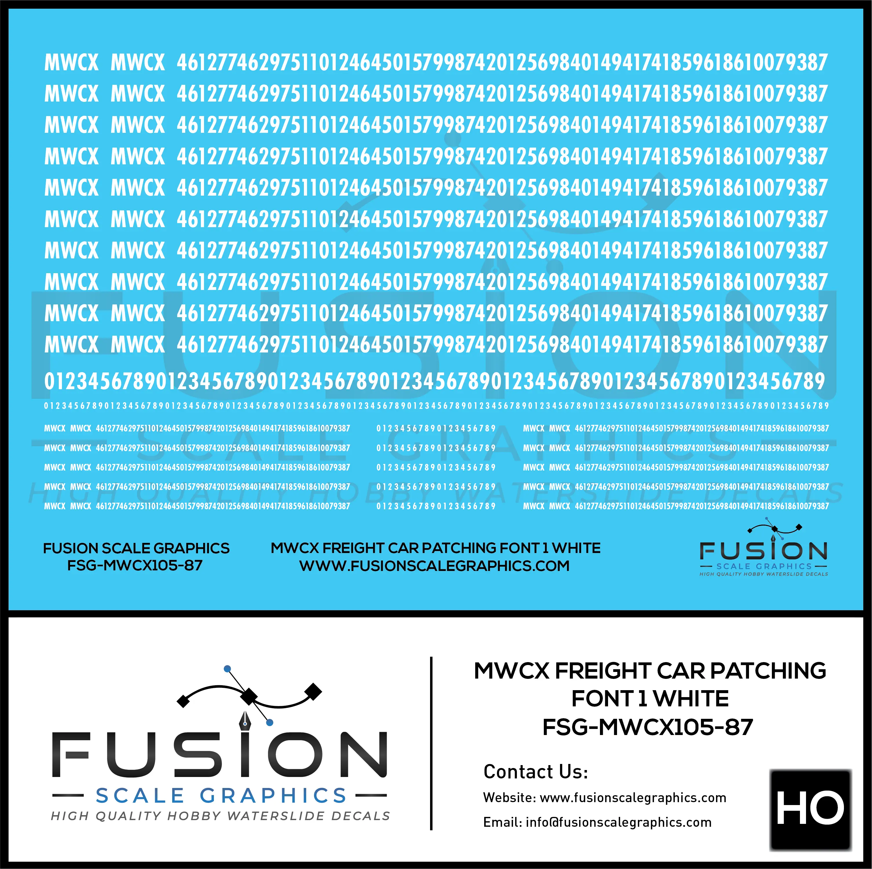 HO Scale MWCX Freight Car Patching Decal Set Font 1 White Fusion Scale Graphics