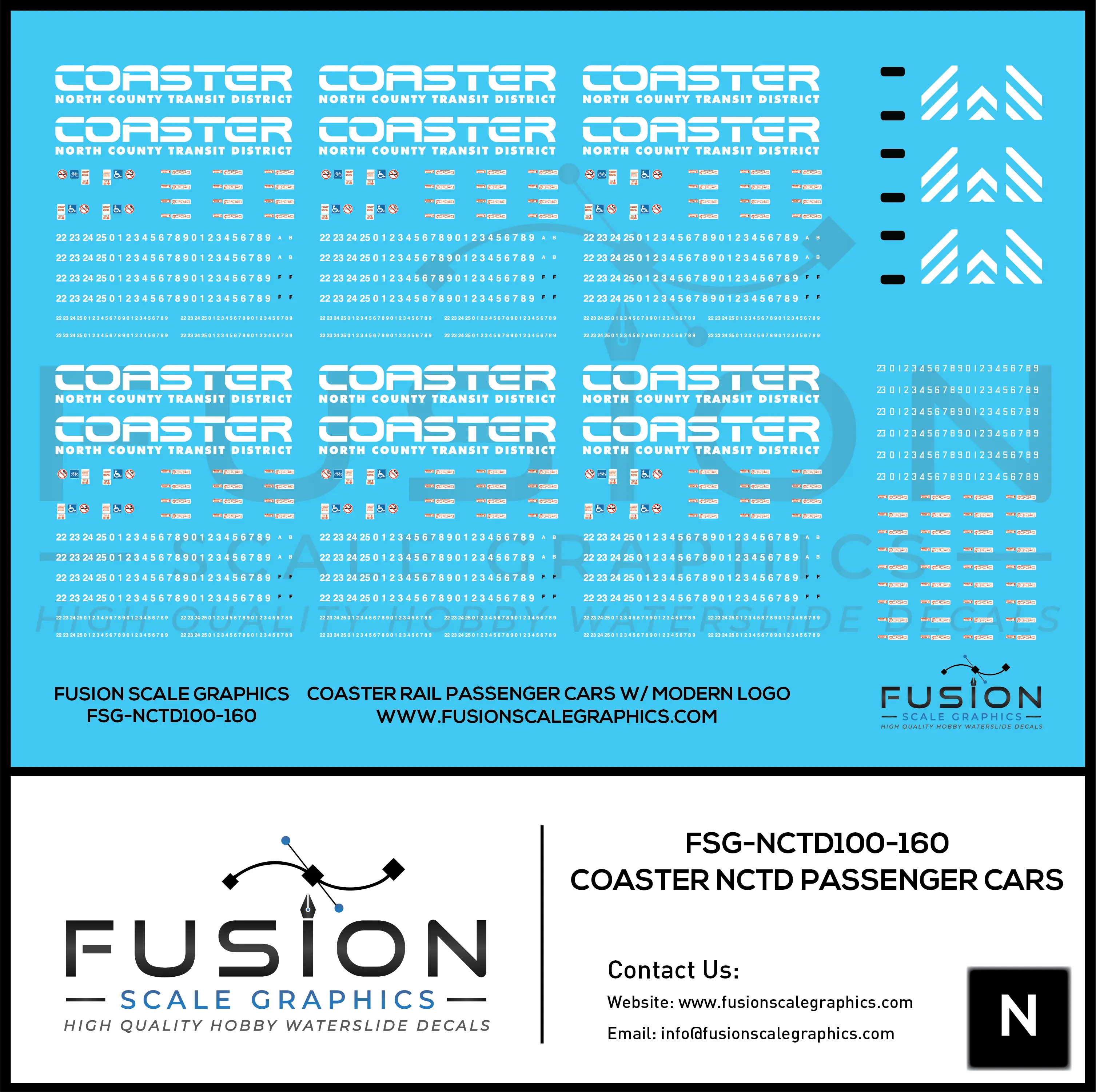 N Scale Coaster Rail NCTD Modern Passenger Car Decals Fusion Scale Graphics
