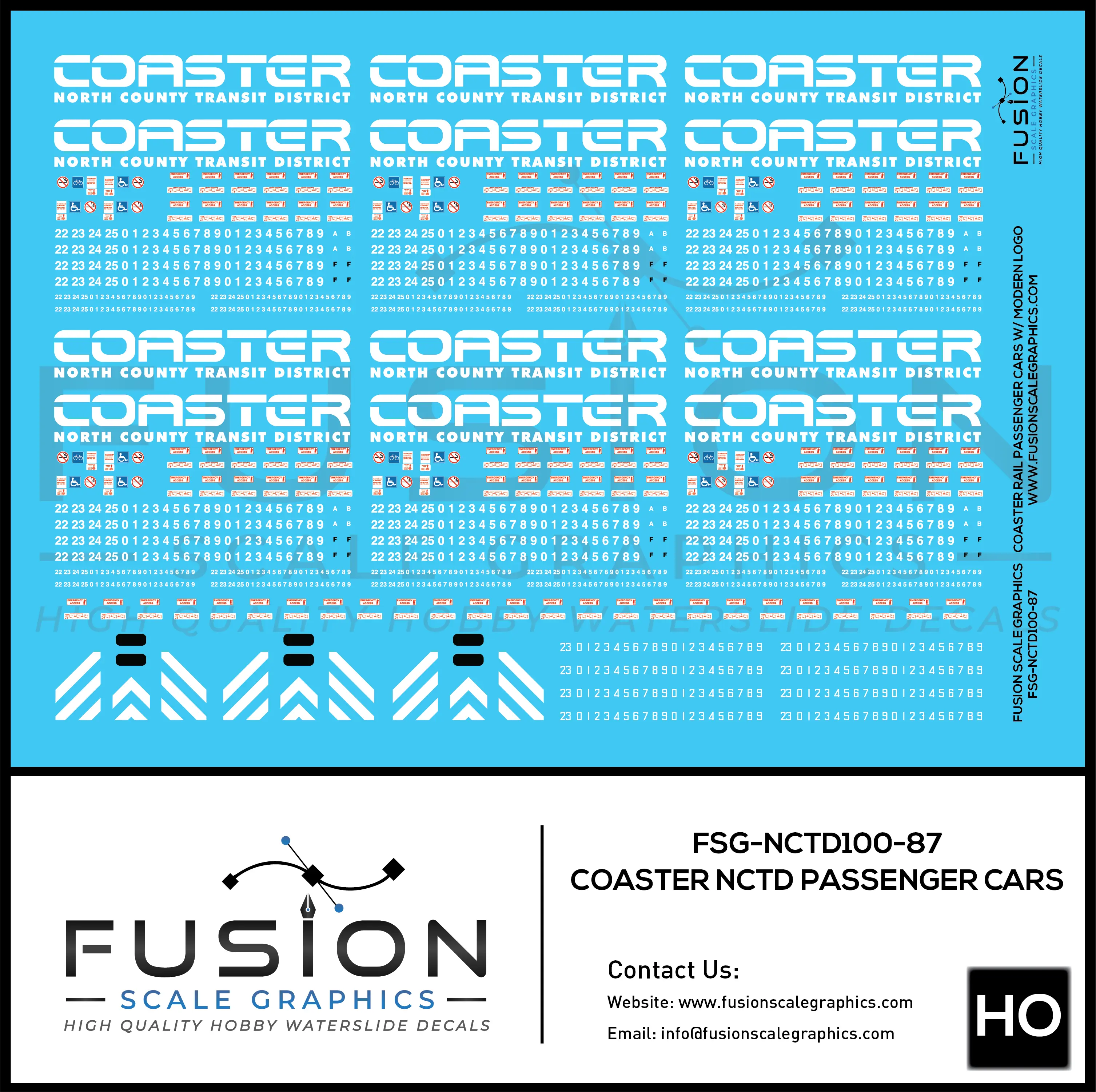 HO Scale Coaster Rail NCTD Modern Passenger Car Decals Fusion Scale Graphics