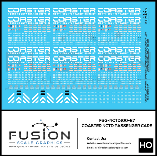 HO Scale Coaster Rail NCTD Modern Passenger Car Decals Fusion Scale Graphics