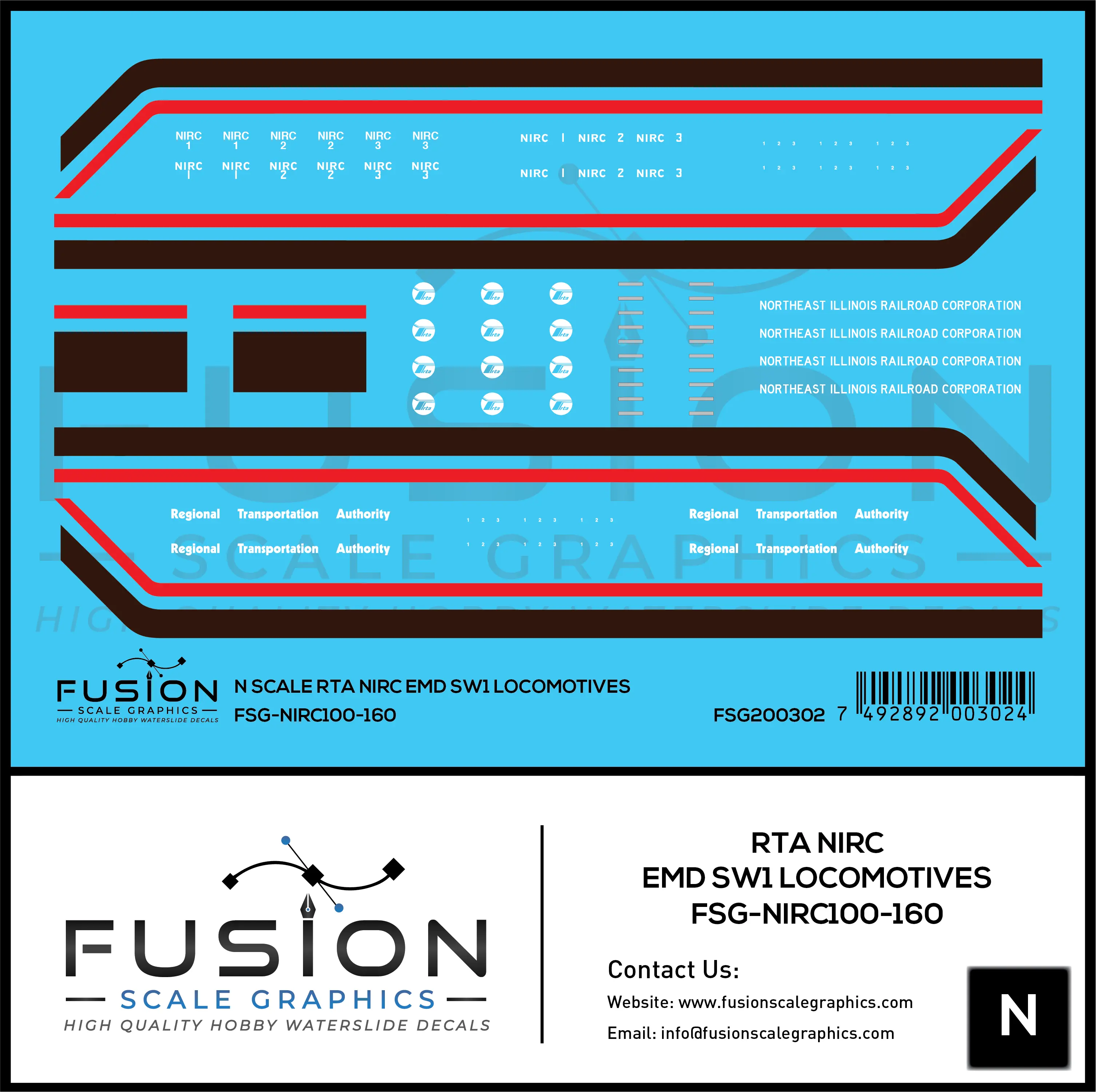 N Scale RTA Northeast Illinois Railroad Corp EMD SW1 Locomotives Decal Set Fusion Scale Graphics
