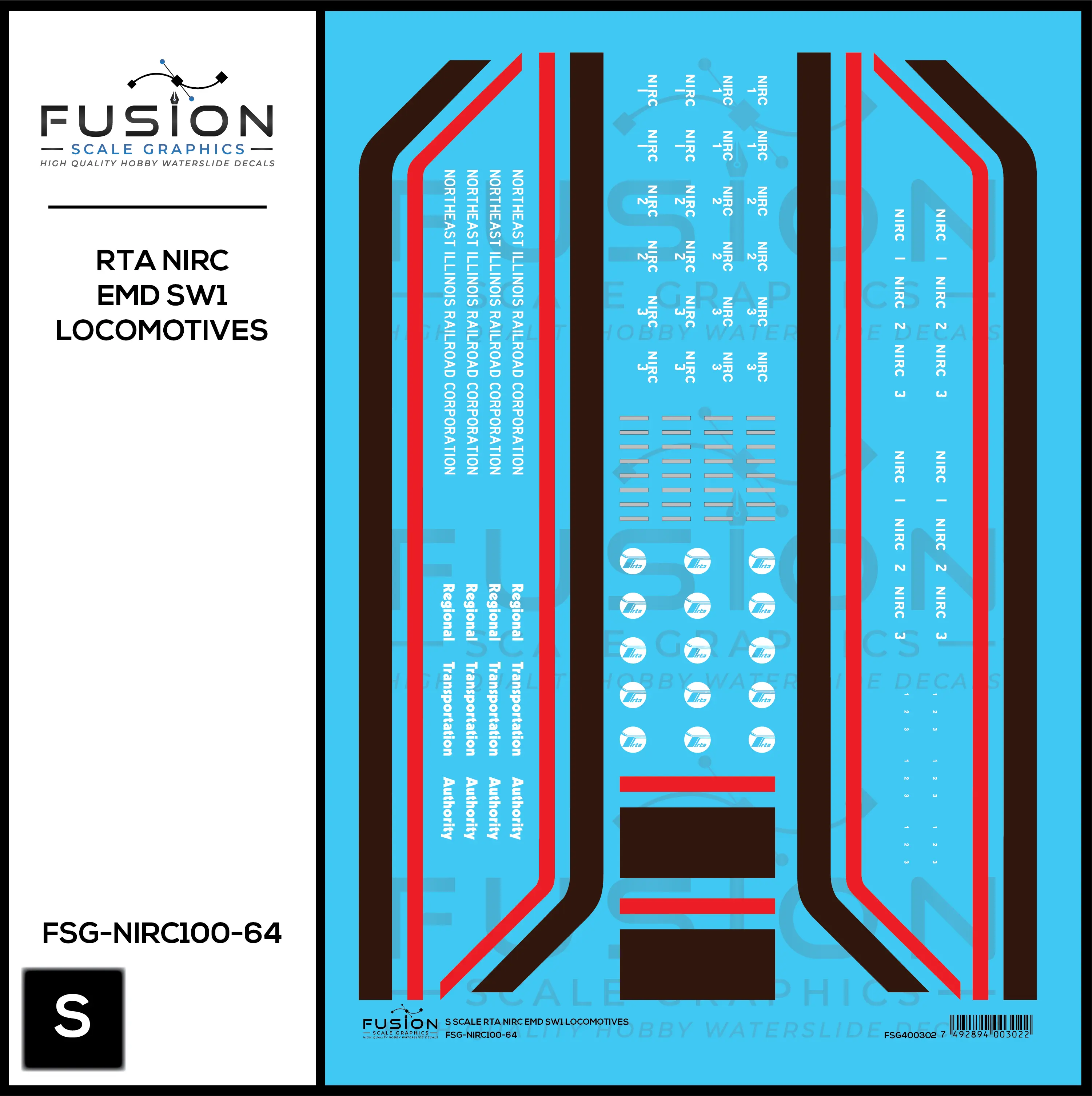 S Scale RTA Northeast Illinois Railroad Corp EMD SW1 Locomotives Decal Set Fusion Scale Graphics