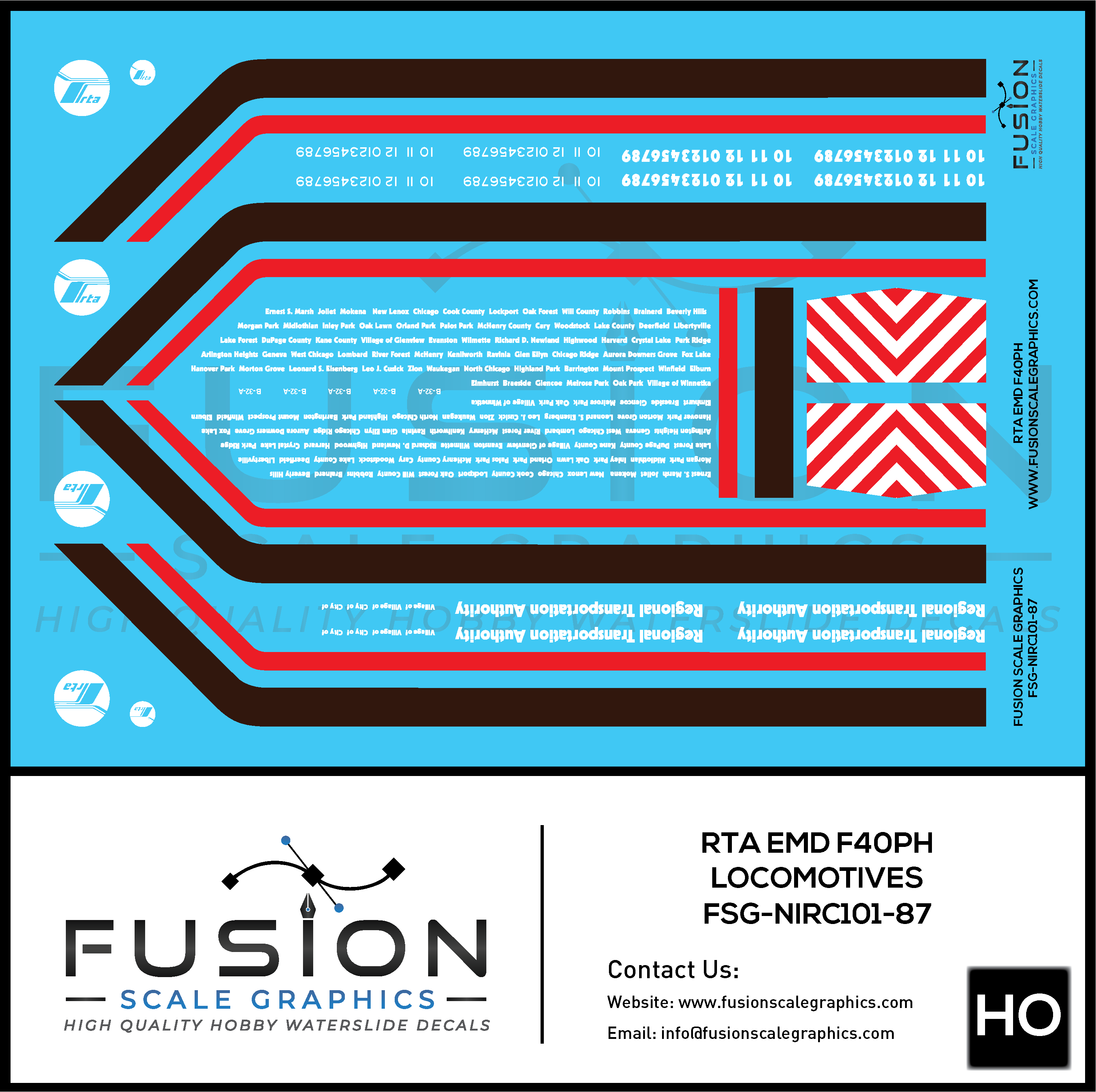 HO Scale RTA EMD F40PH Locomotives Decal Set Fusion Scale Graphics