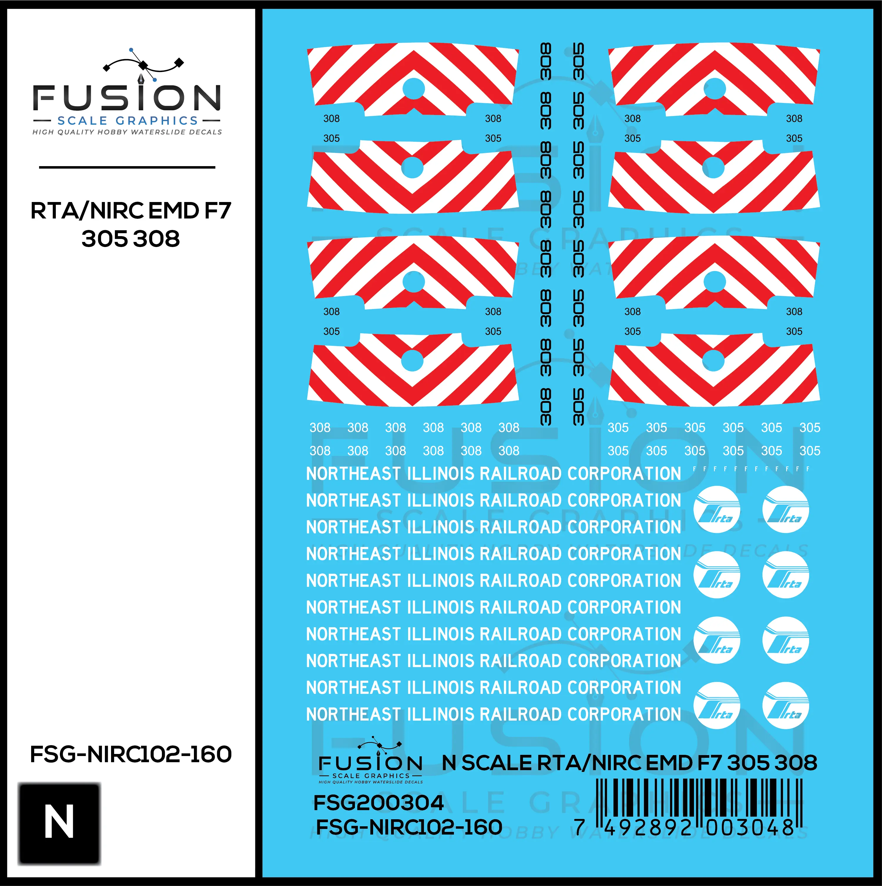 N Scale RTA/Northeast Illinois Railroad Corp EMD F7 305, 308 Locomotives Decal Set Fusion Scale Graphics