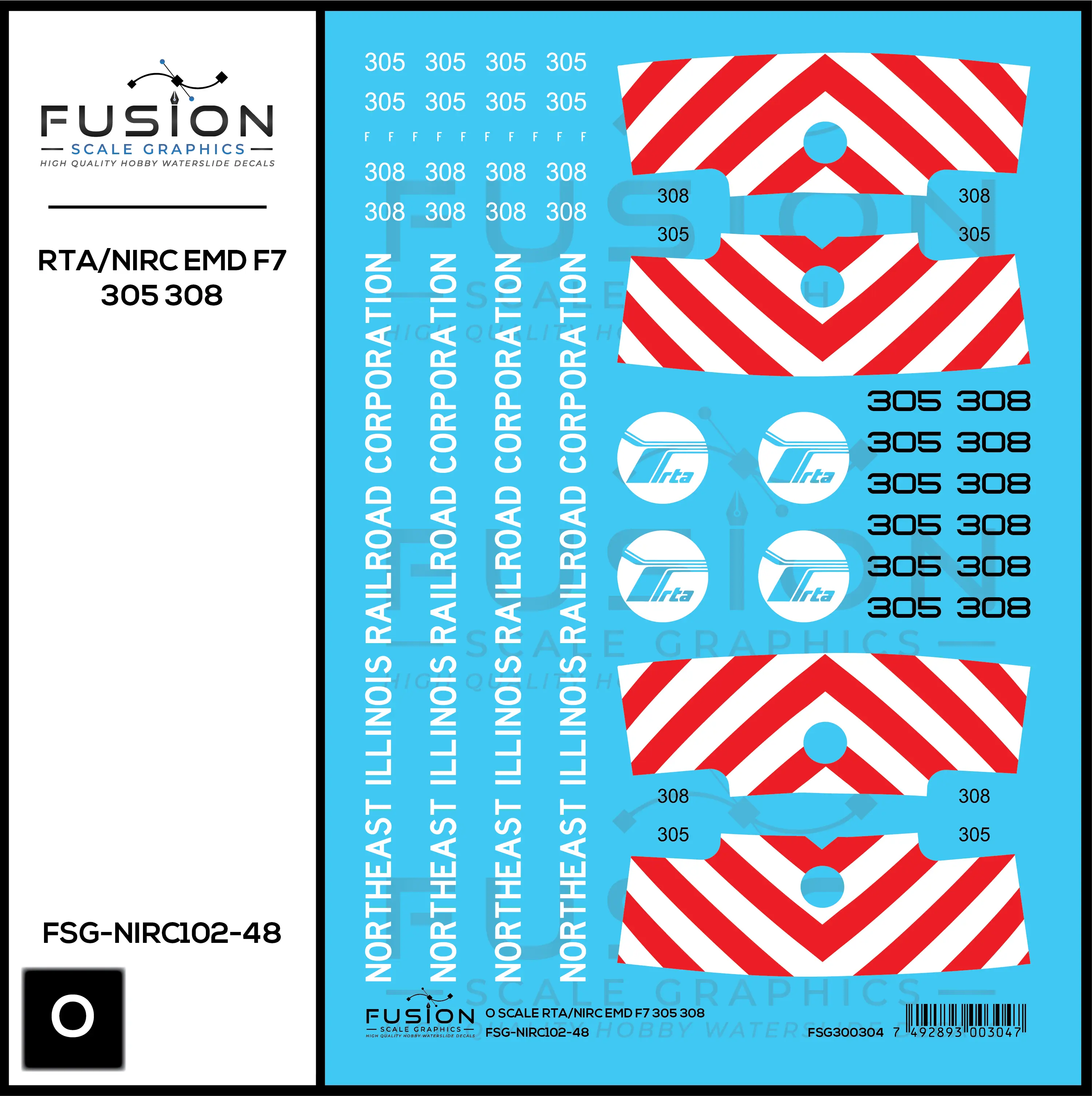 O Scale RTA/Northeast Illinois Railroad Corp EMD F7 305, 308 Locomotives Decal Set Fusion Scale Graphics