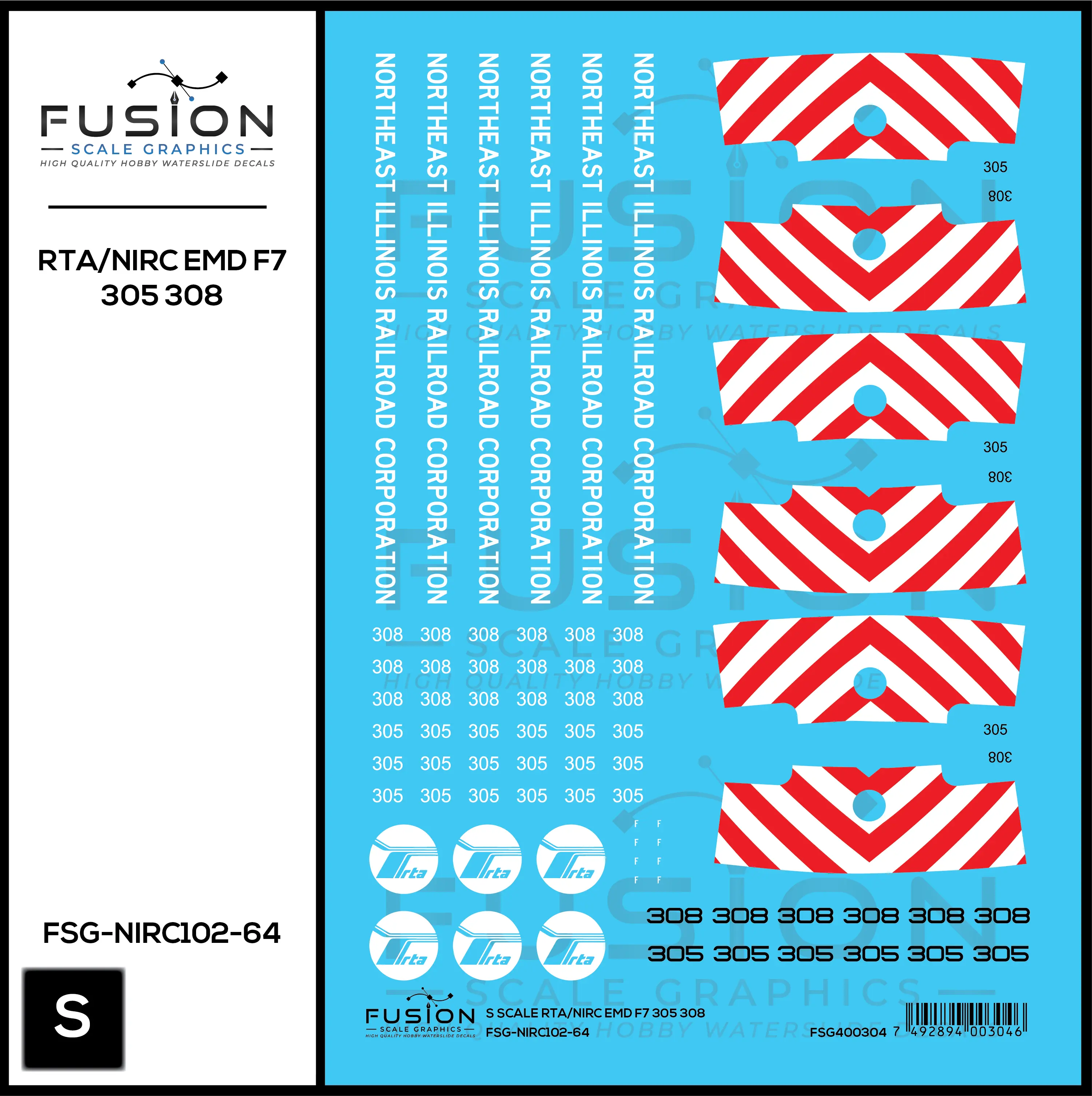 S Scale RTA/Northeast Illinois Railroad Corp EMD F7 305, 308 Locomotives Decal Set Fusion Scale Graphics