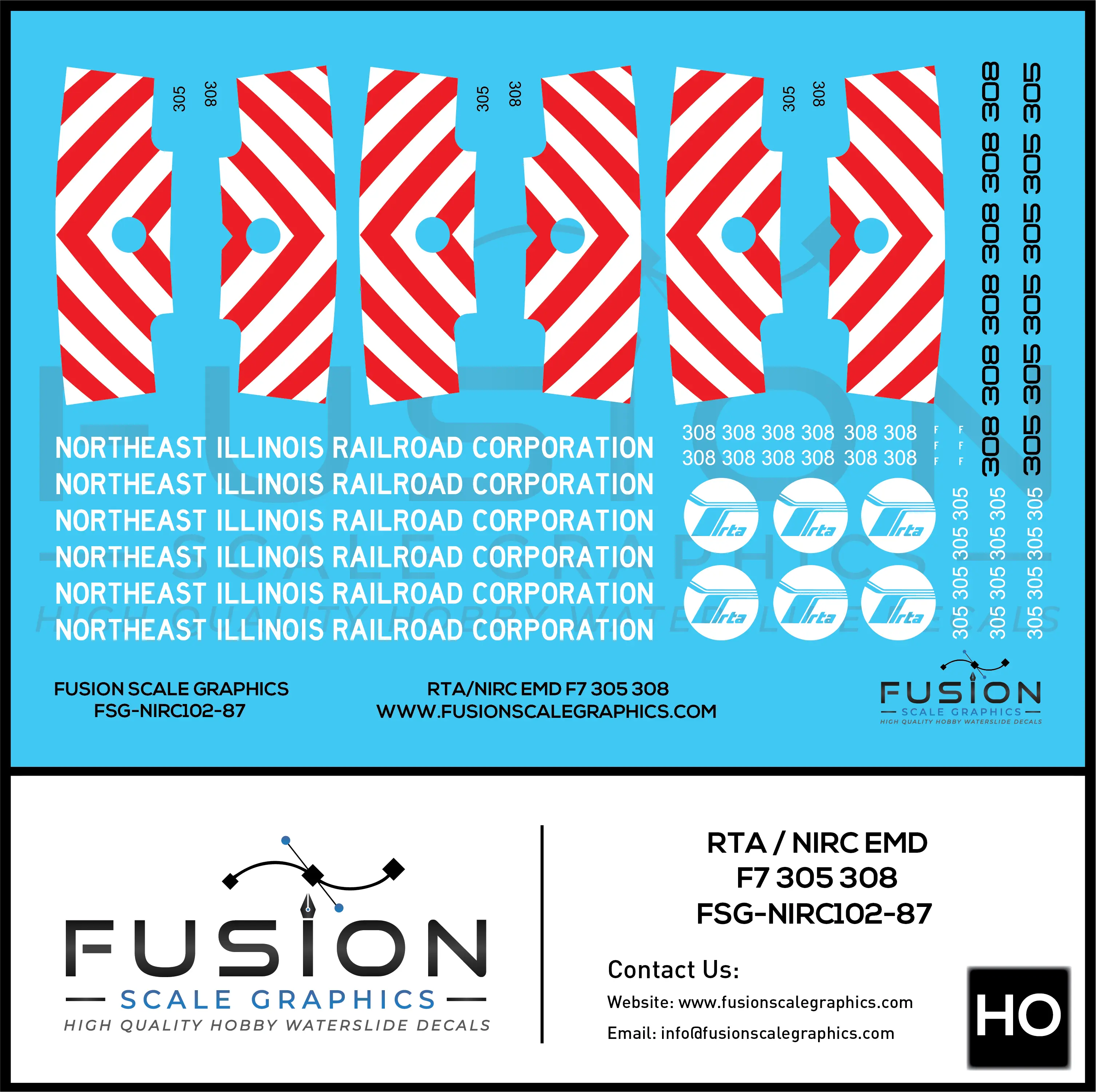 HO Scale RTA NIRC EMD F7 305 308 Locomotive Decal Set Fusion Scale Graphics