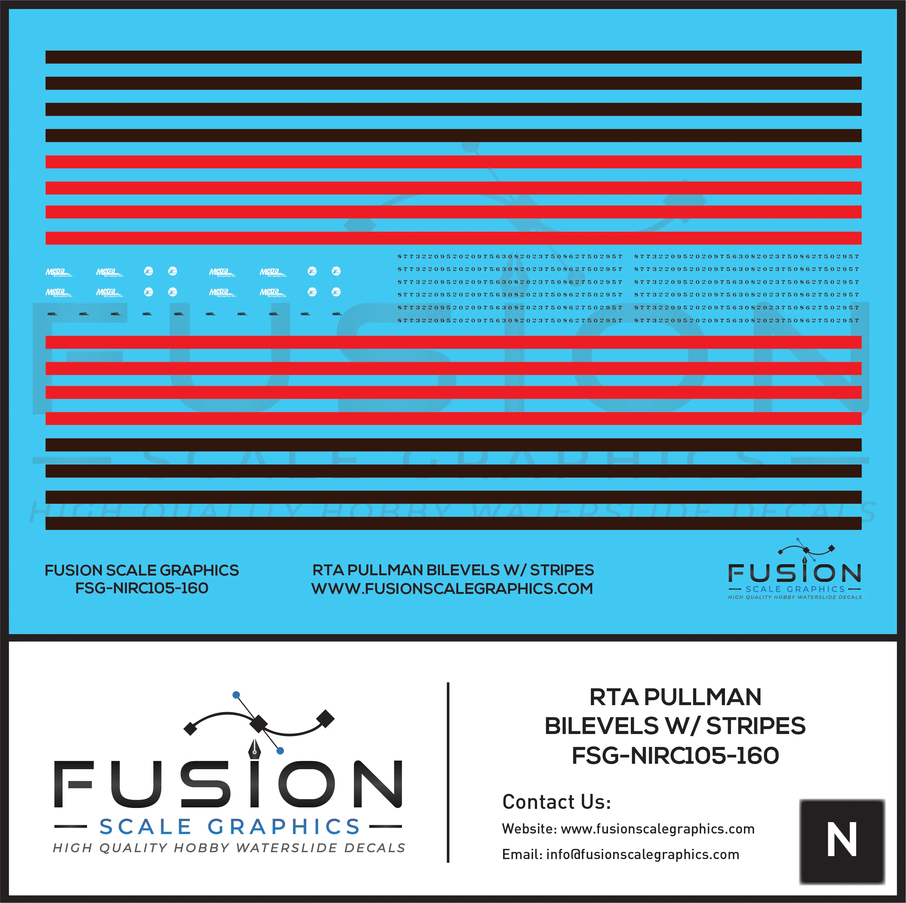 N Scale RTA Pullman BiLevel Cars Decal Set W/ Stripes Fusion Scale Graphics
