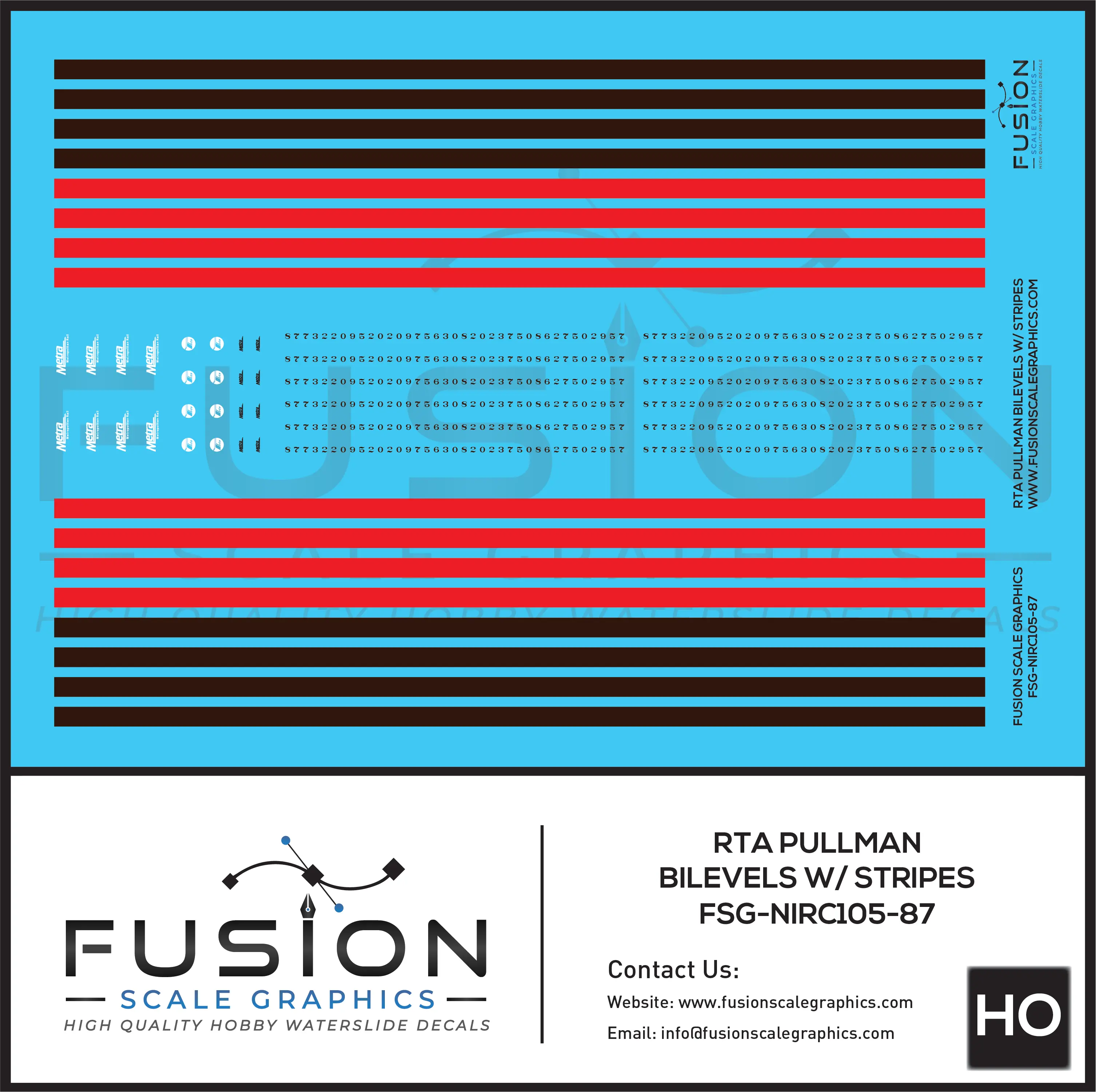 HO Scale RTA Pullman BiLevel Cars Decal Set W/ Stripes Fusion Scale Graphics