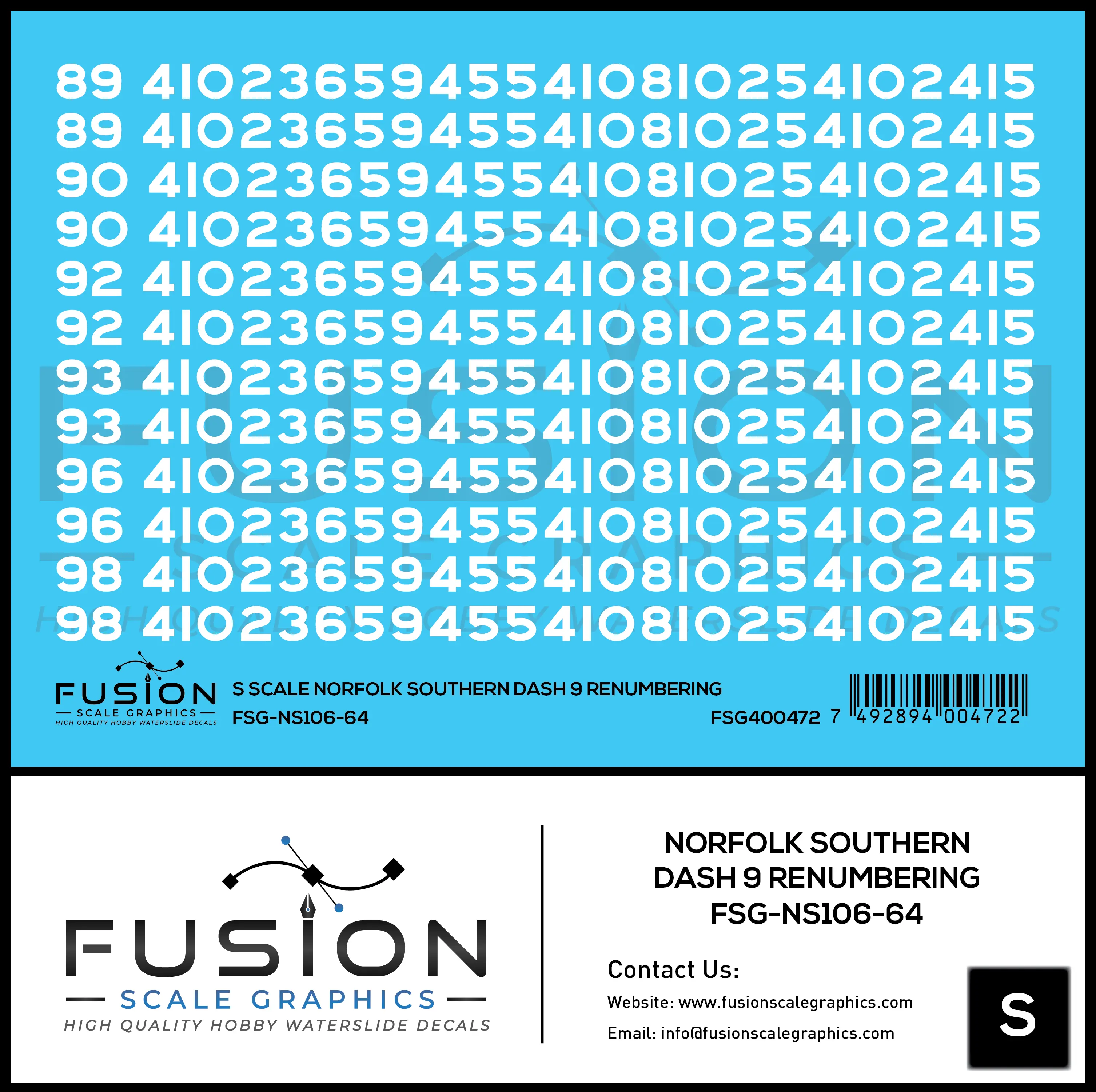 S Scale Norfolk Southern GE Dash 9 Locomotive Renumbering Decal Set Fusion Scale Graphics