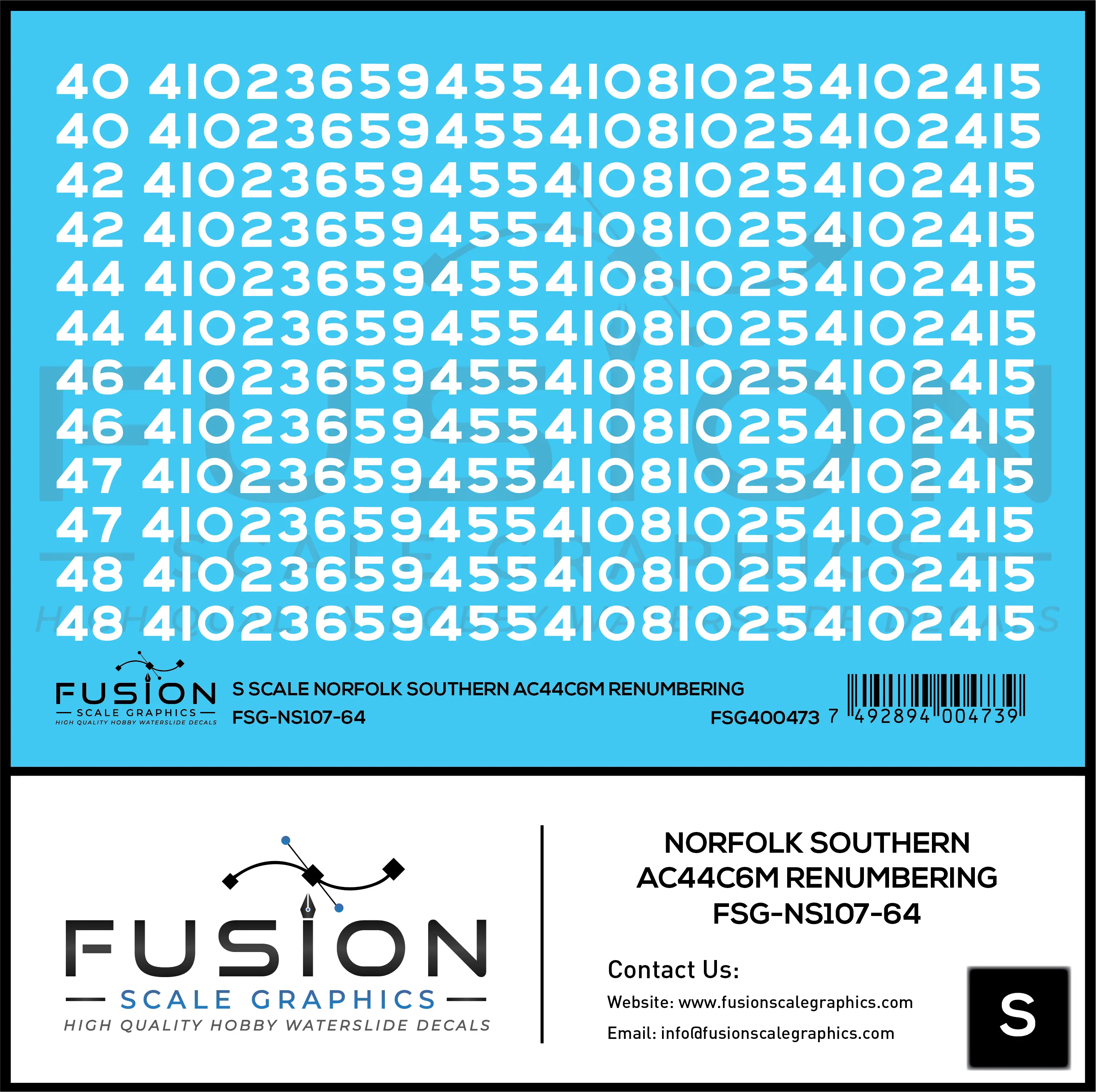 S Scale Norfolk Southern GE AC44C6M Locomotive Renumbering Decal Set Fusion Scale Graphics