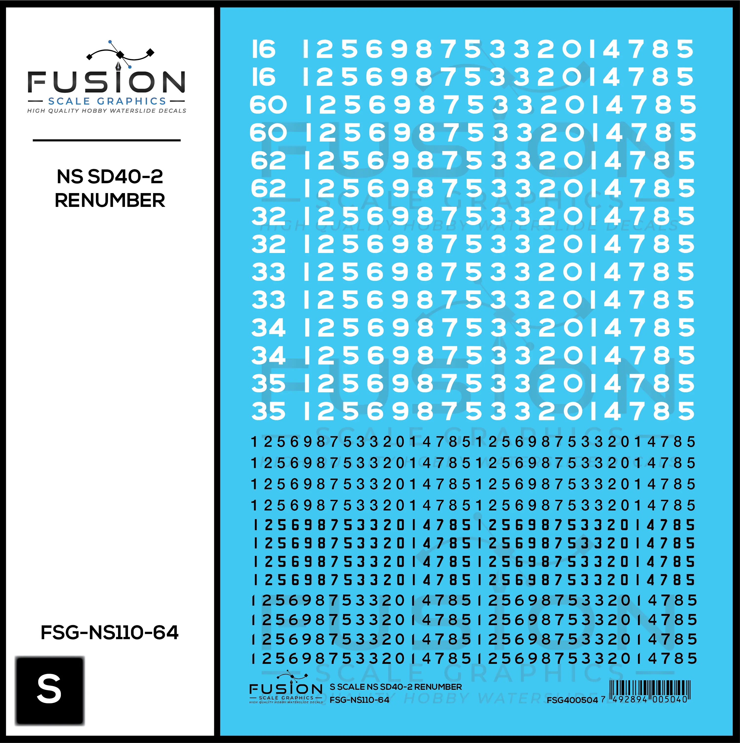 S Scale Norfolk Southern EMD SD40-2 Locomotive Renumber Patch Decal Set Fusion Scale Graphics