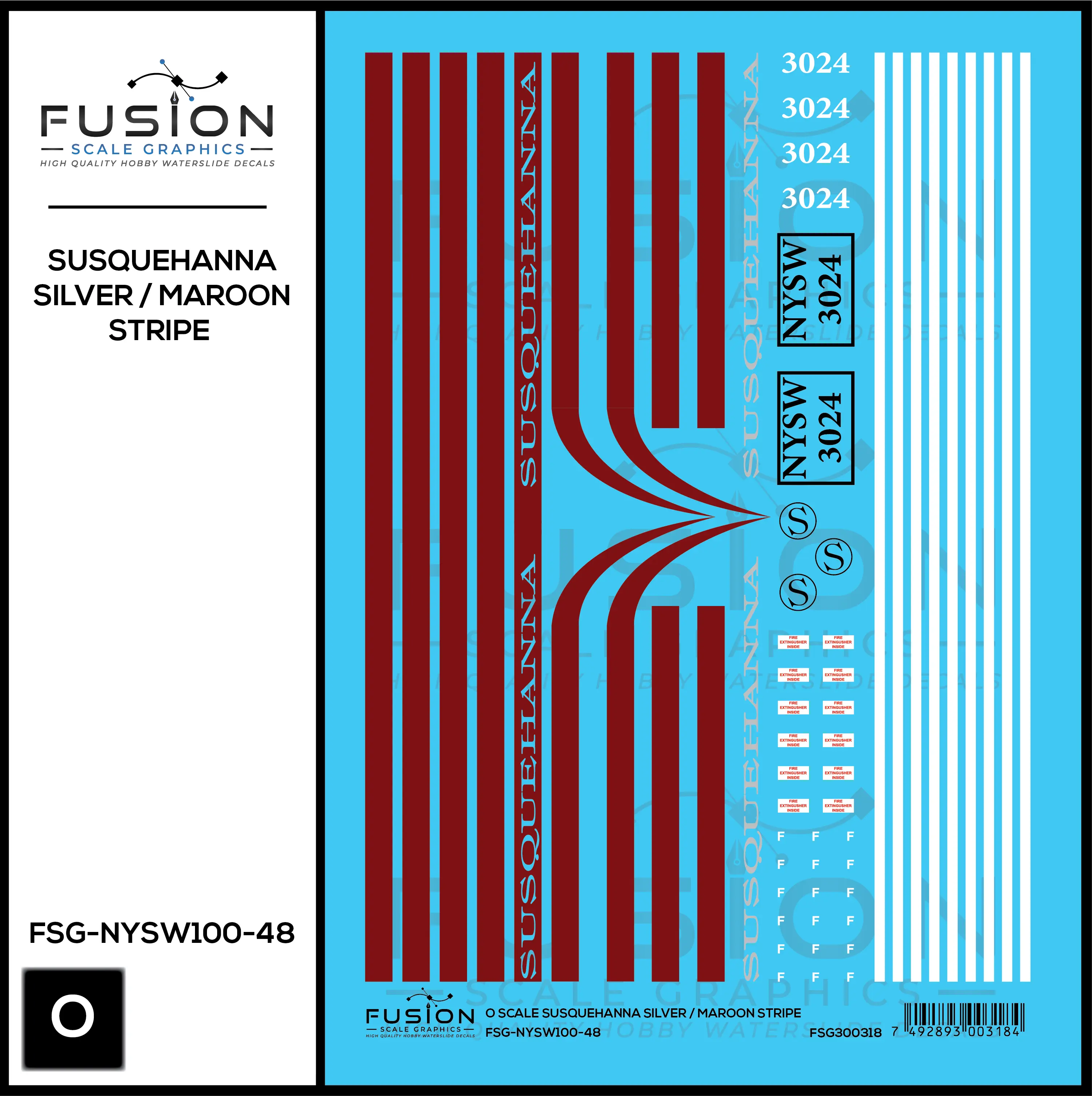 O Scale Susquehanna SD40-2 Silver w/ Maroon Stripe 3024 Decal Set Fusion Scale Graphics