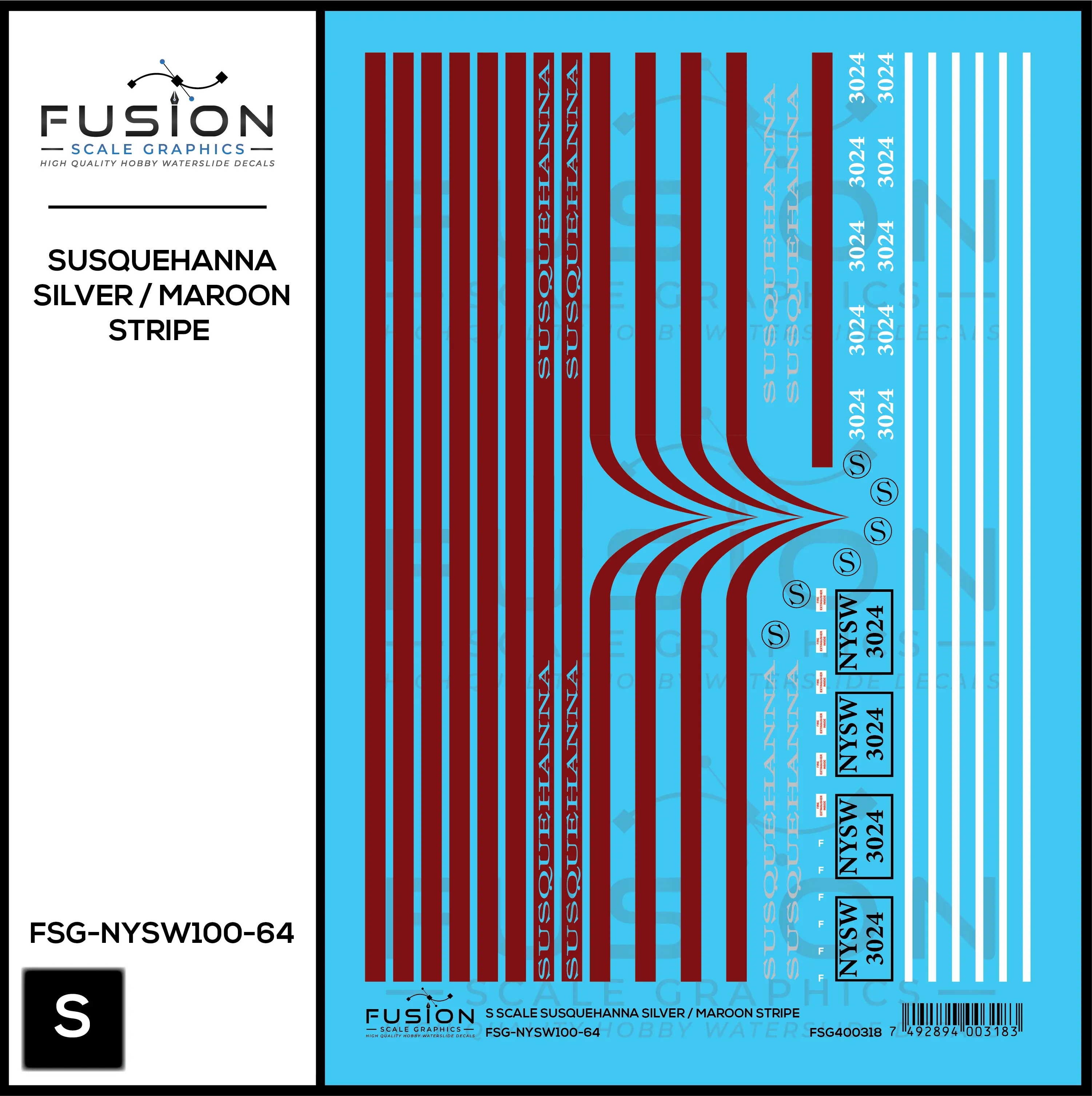 S Scale Susquehanna SD40-2 Silver w/ Maroon Stripe 3024 Decal Set Fusion Scale Graphics