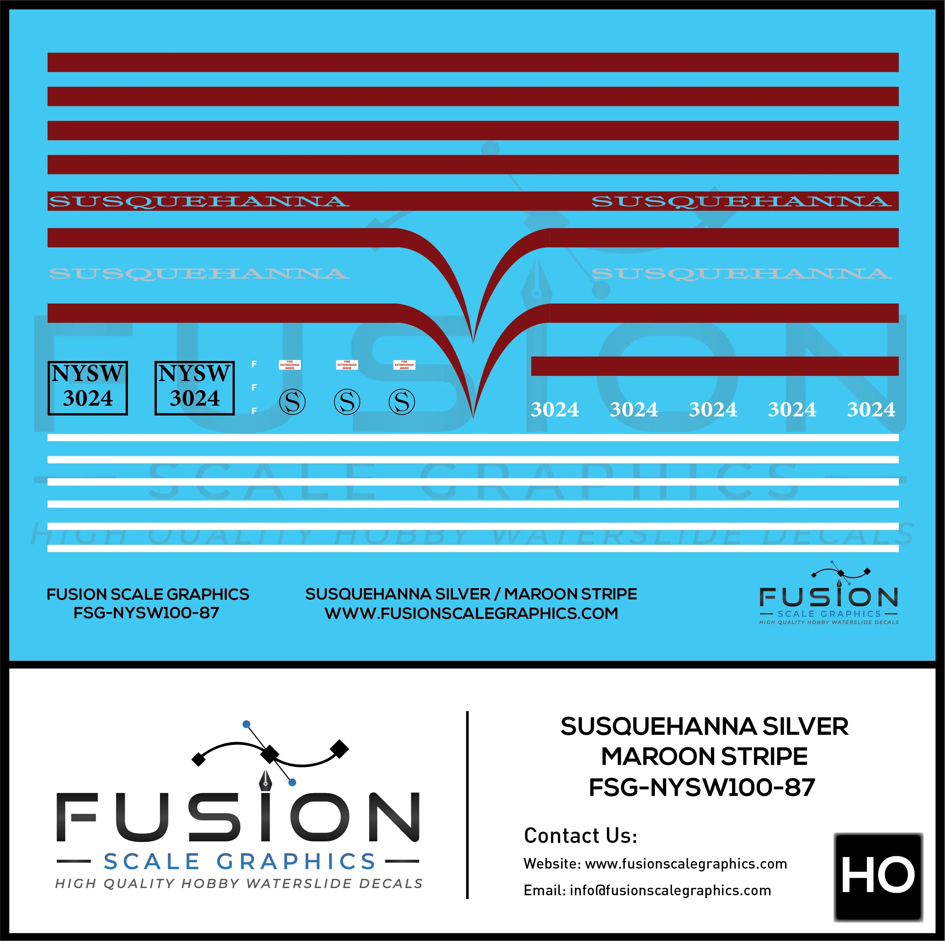 HO Scale Susquehanna SD40-2 Silver w/ Maroon Stripe 3024 Decal Set Fusion Scale Graphics