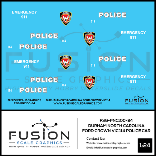 1/24th Scale Durham North Carolina Crown Vic 114 Police Car Decal Set Fusion Scale Graphics