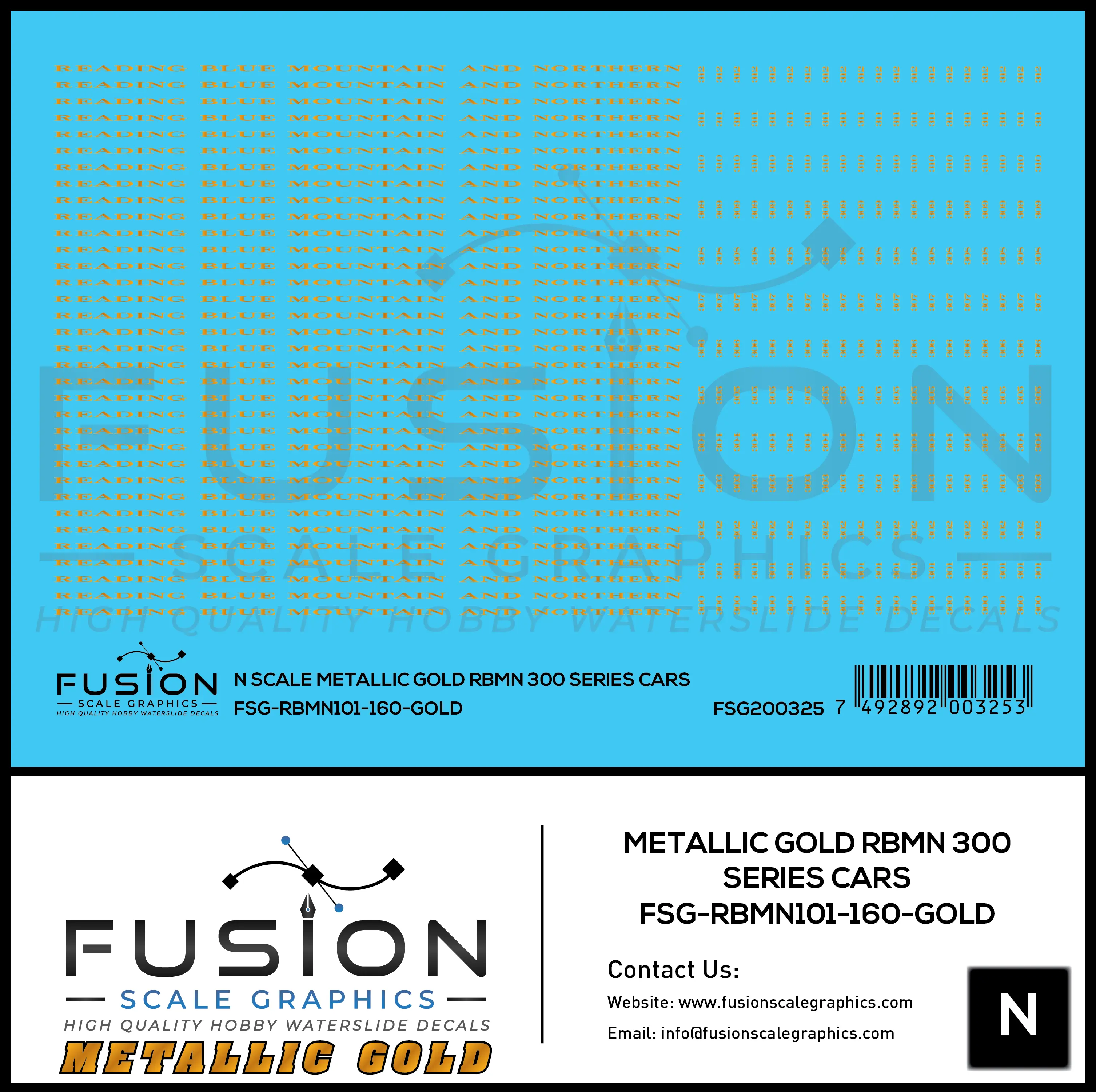 N Scale Metallic Gold Reading Blue Mountain & Northern 300 Series Passenger Cars Fusion Scale Graphics