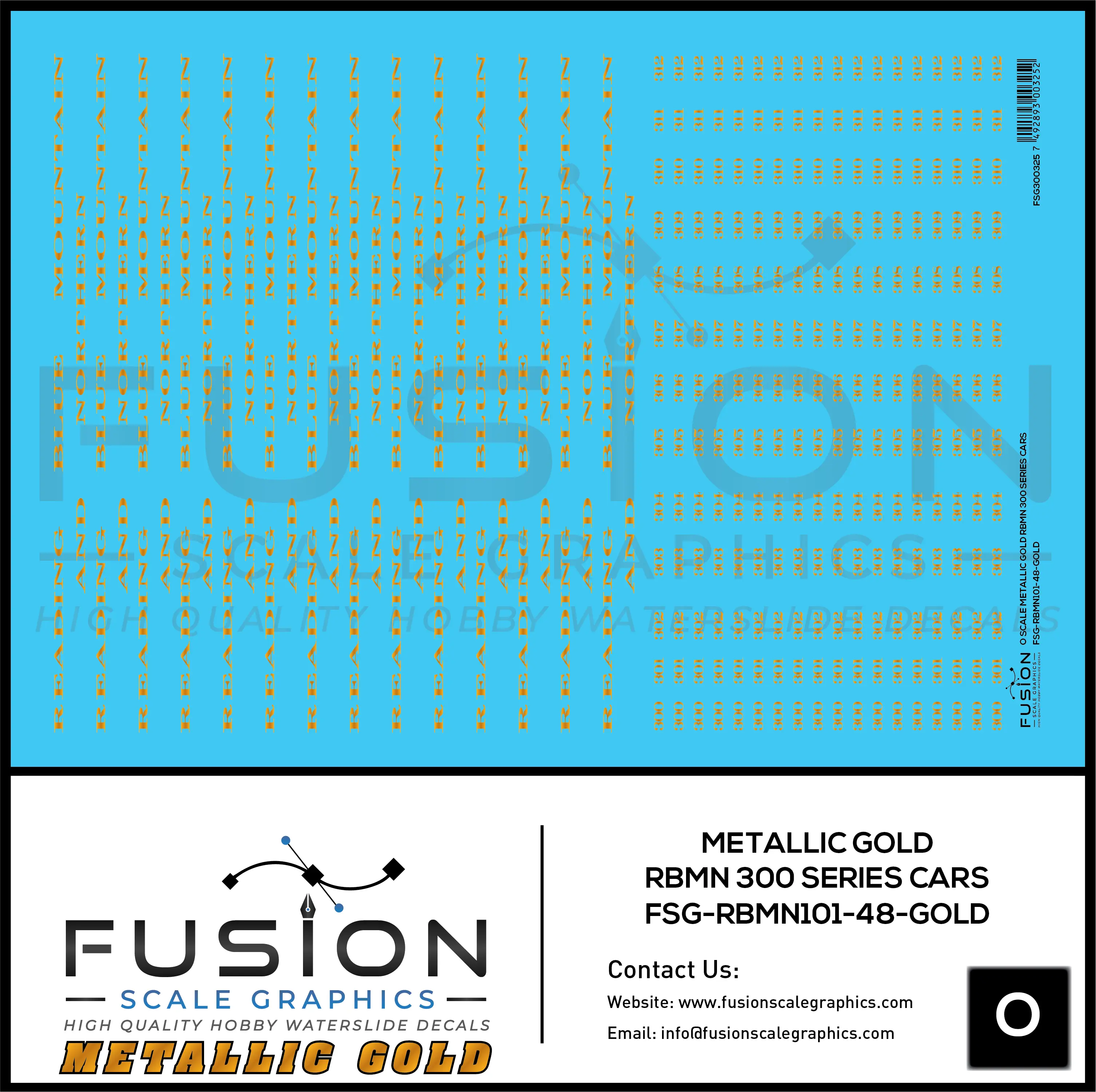 O Scale Metallic Gold Reading Blue Mountain & Northern 300 Series Passenger Cars Decal Set Fusion Scale Graphics