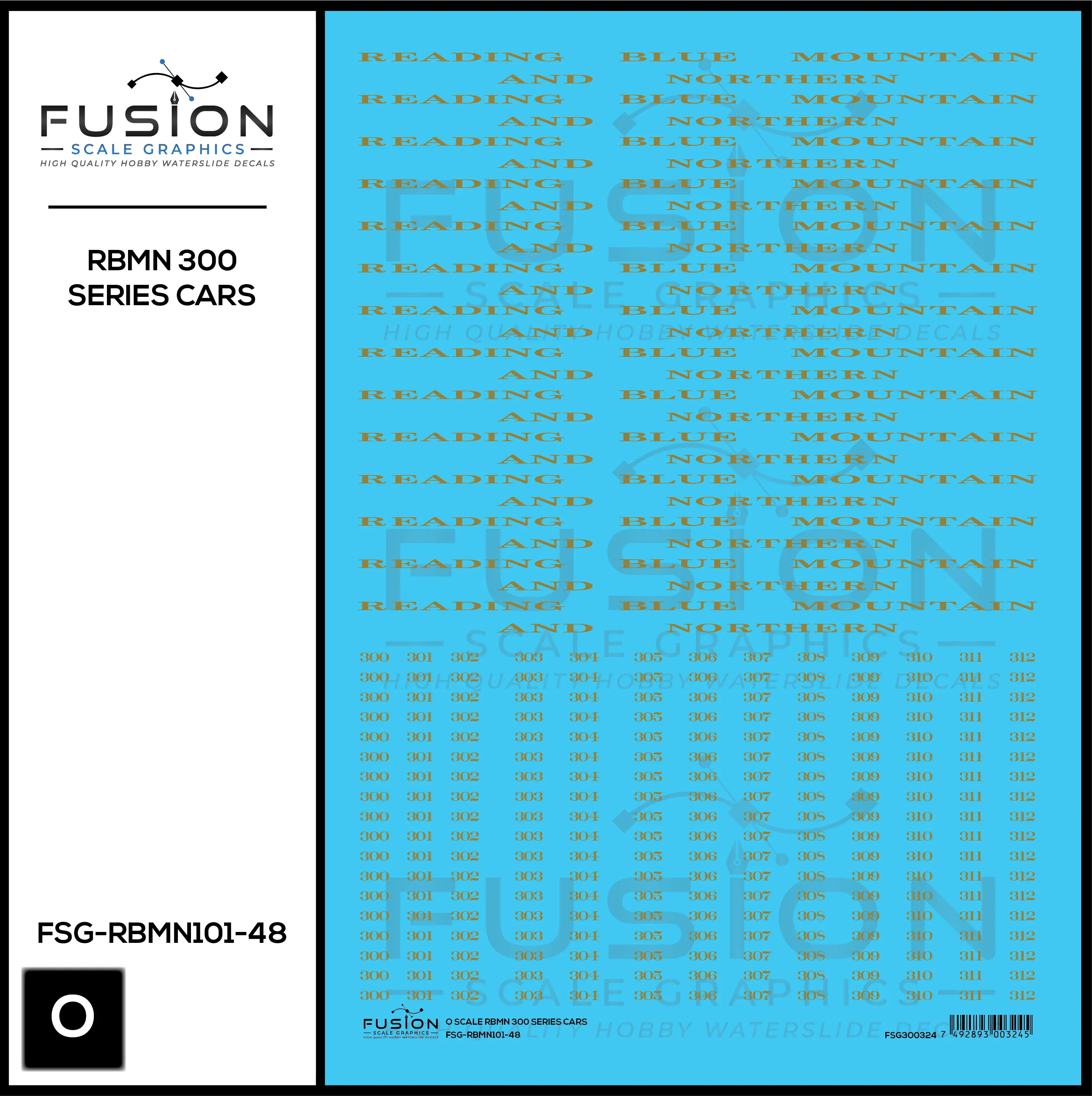 O Scale Reading Blue Mountain & Northern 300 Series Passenger Cars Decal Set Fusion Scale Graphics