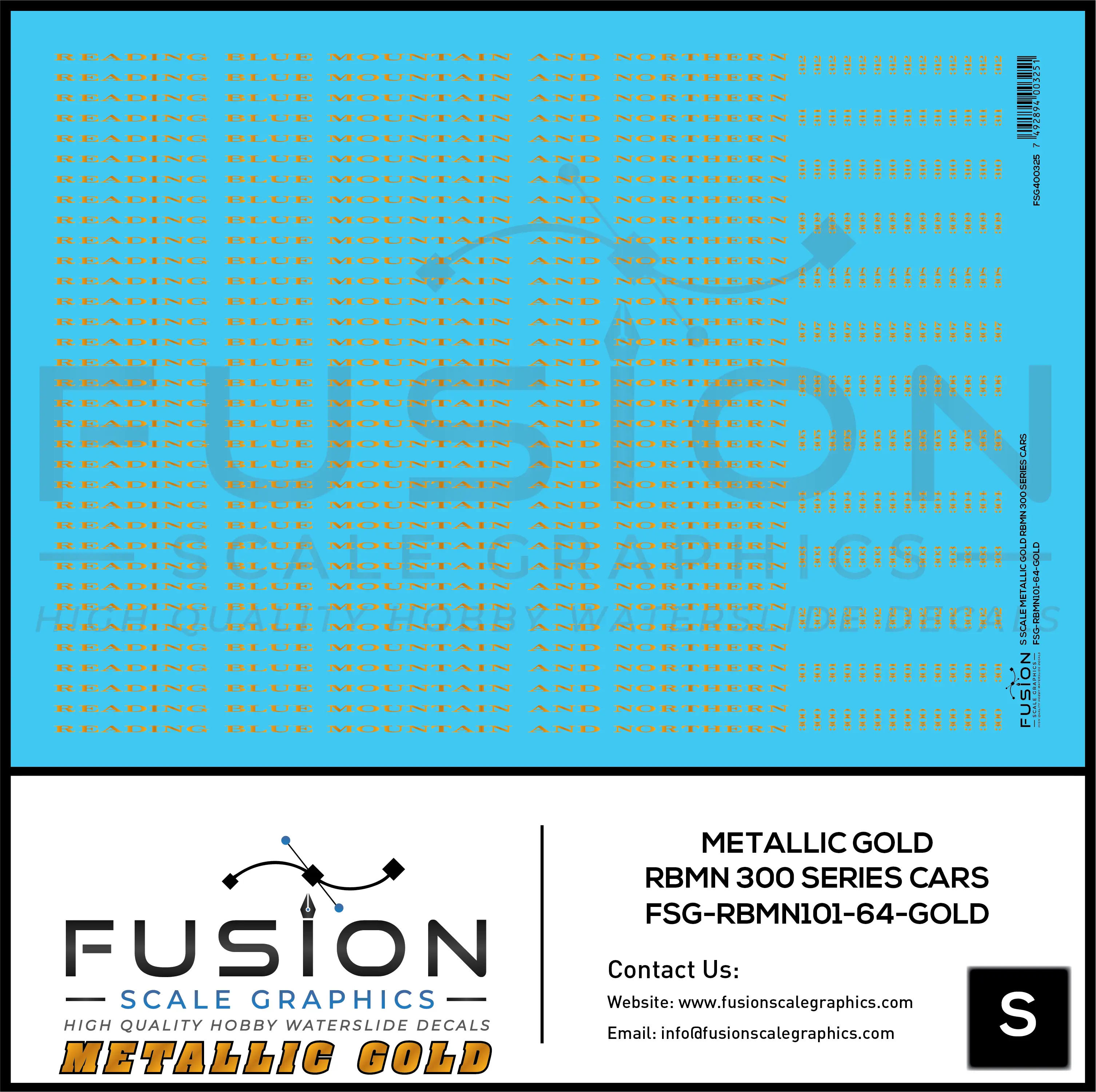 S Scale Metallic Gold Reading Blue Mountain & Northern 300 Series Passenger Cars Decal Set Fusion Scale Graphics