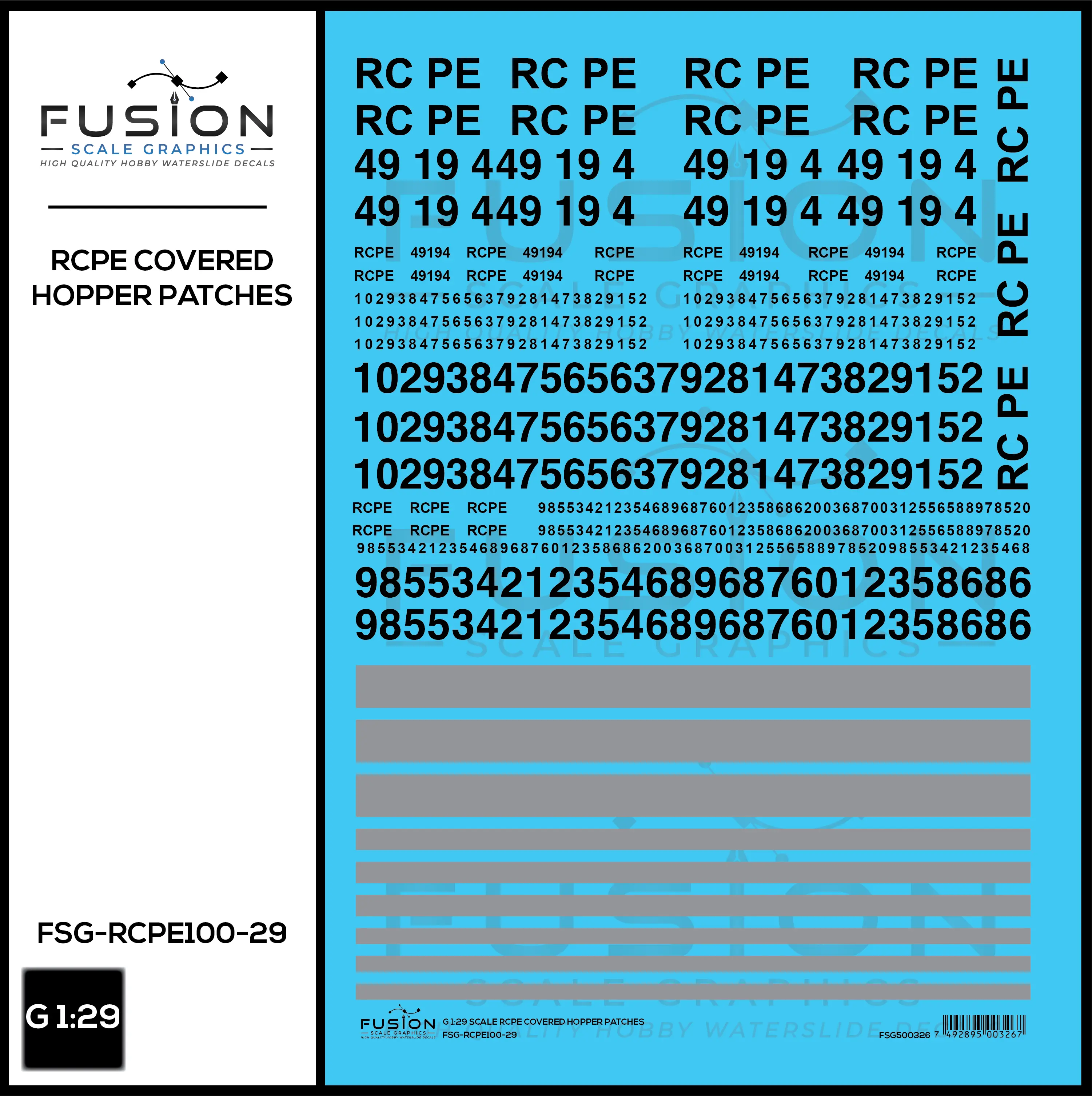 G 1:29 Scale RCPE Covered Hopper Patch Decal Set Fusion Scale Graphics