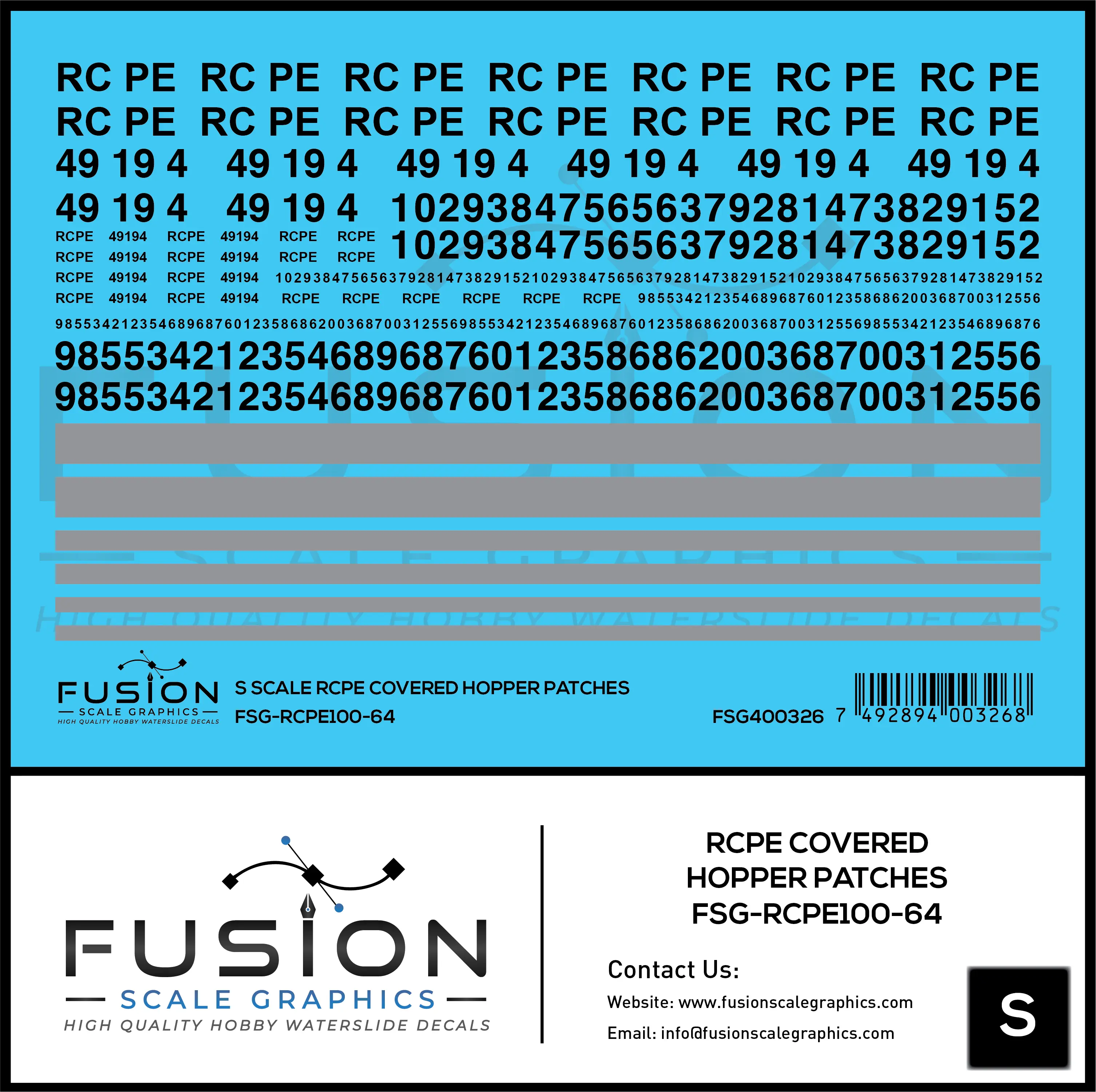 S Scale RCPE Covered Hopper Patch Decal Set Fusion Scale Graphics
