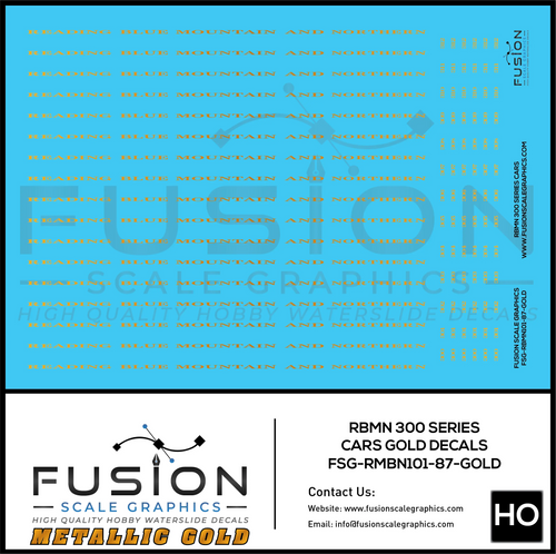 Metallic Gold HO Scale RBMN 300 Series Passenger Cars Decal Set Fusion Scale Graphics