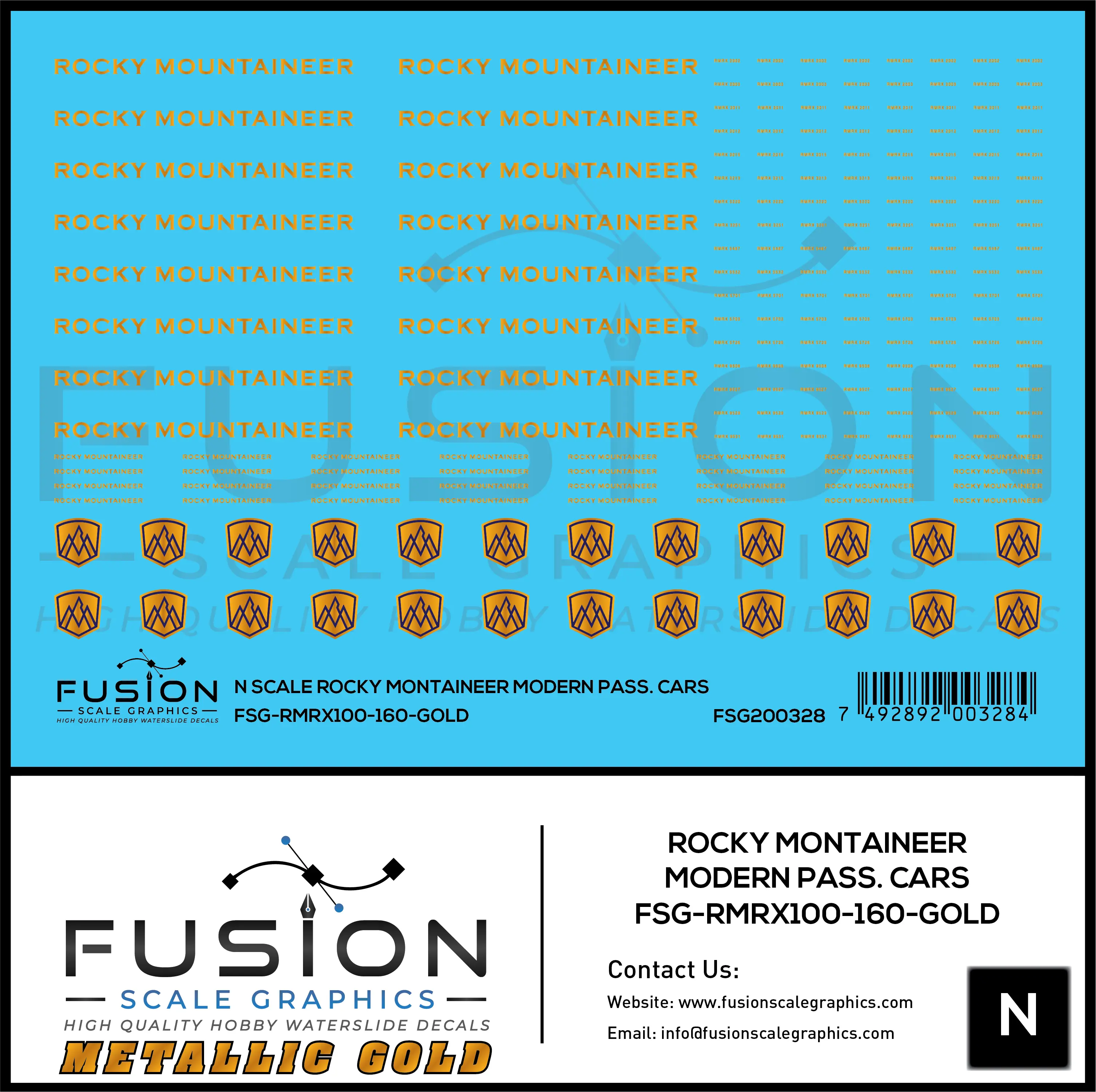 N Scale Metallic Gold Rocky Mountaineer Passenger Cars Decal Set Fusion Scale Graphics